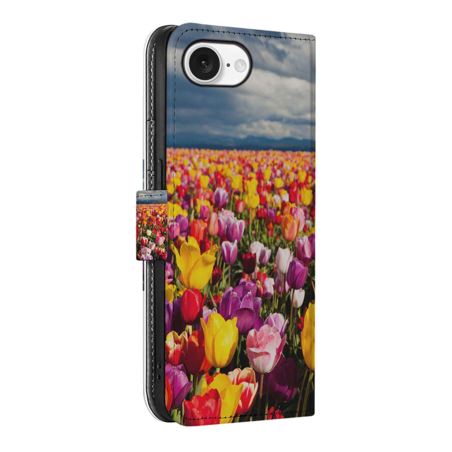 iPhone 16e Hoesje Tulpen telefoonhoesje tulpenveld zijaanzicht