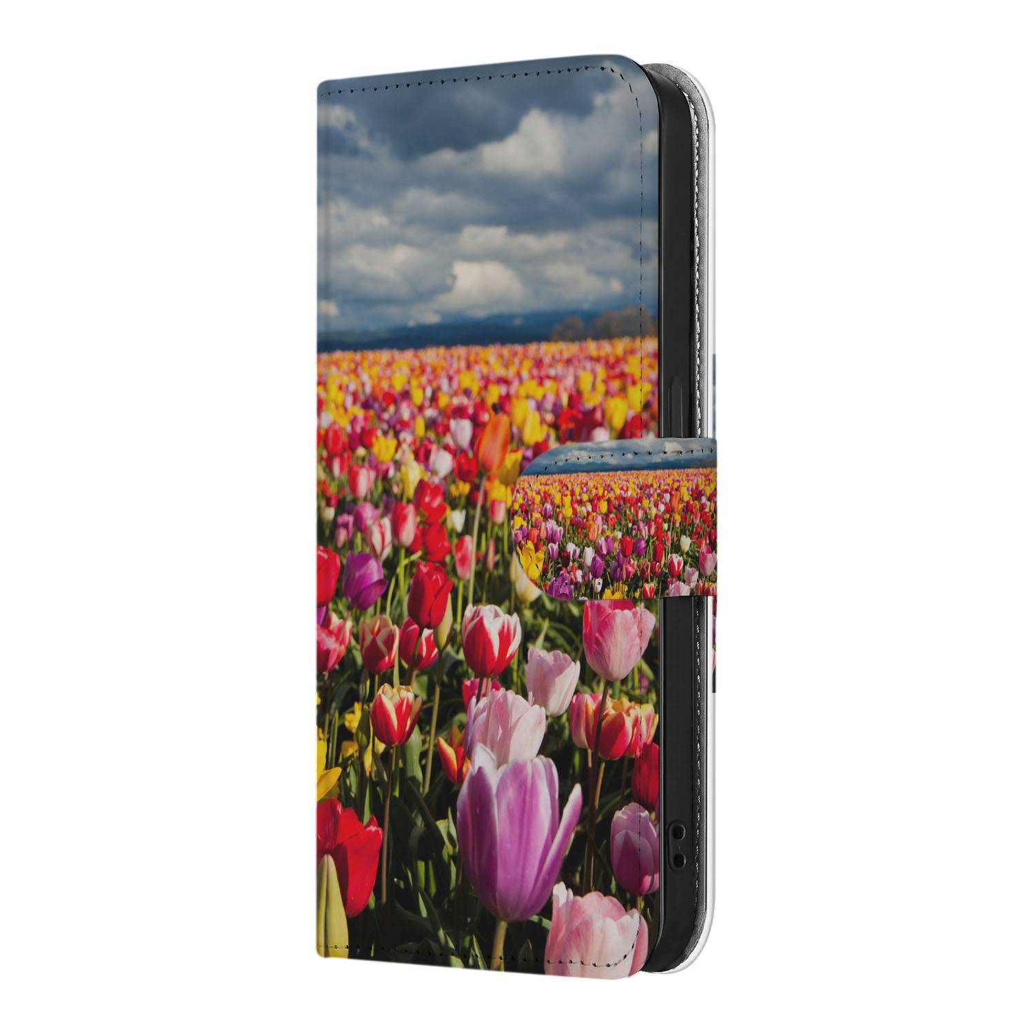 iPhone 16e Hoesje Tulpen telefoonhoesje ontwerp tulpenveld zijaanzicht