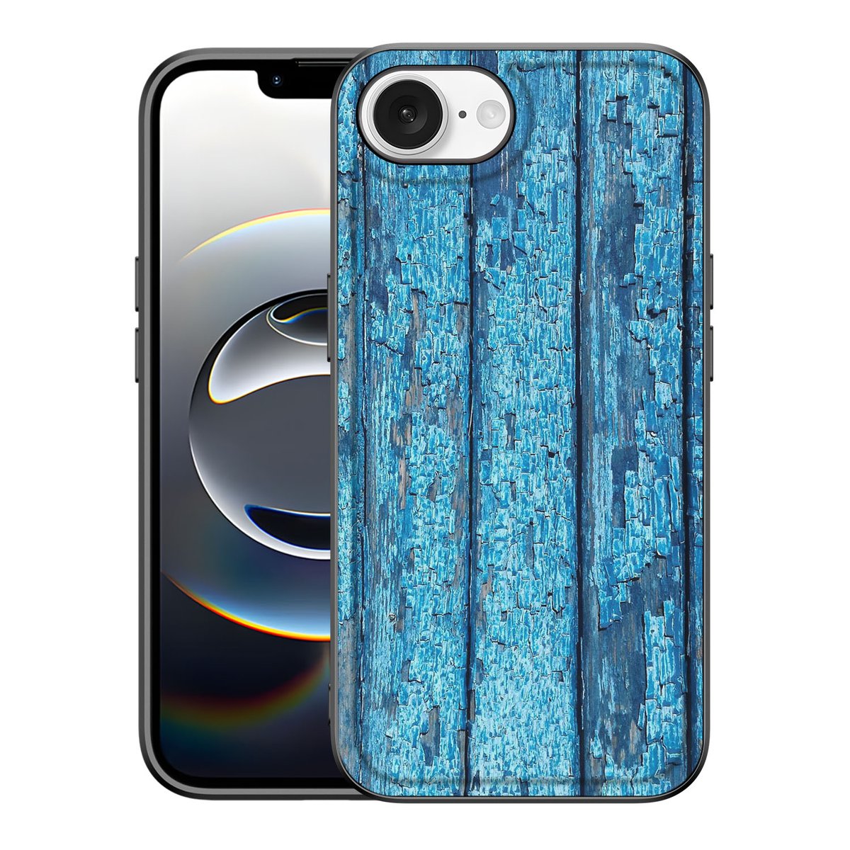 Apple iPhone 16e iPhone 16e Houten Print Telefoonhoesje Wood Blue achterkant blauw hout print