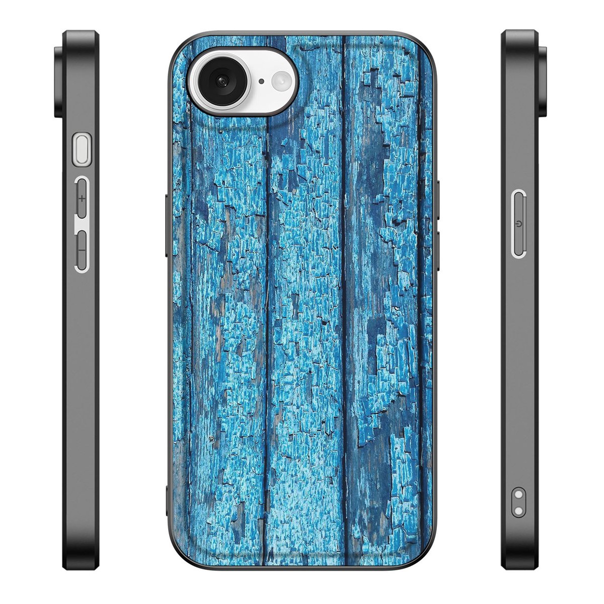 Apple iPhone 16e iPhone 16e Houten Print Telefoonhoesje Wood Blue achterkant zijkanten