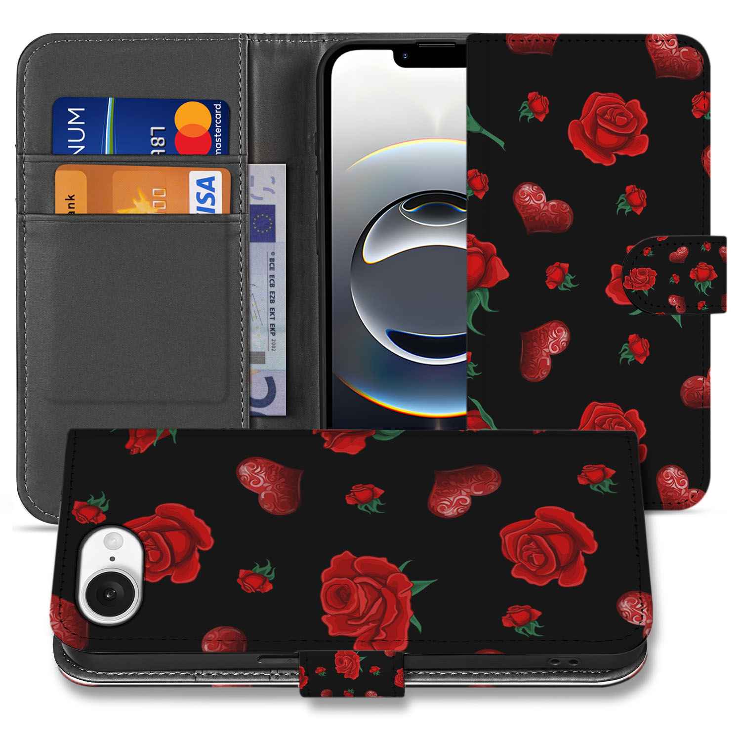 iPhone 16e Leuk Hoesje Valentine bookcase rose design voorkant