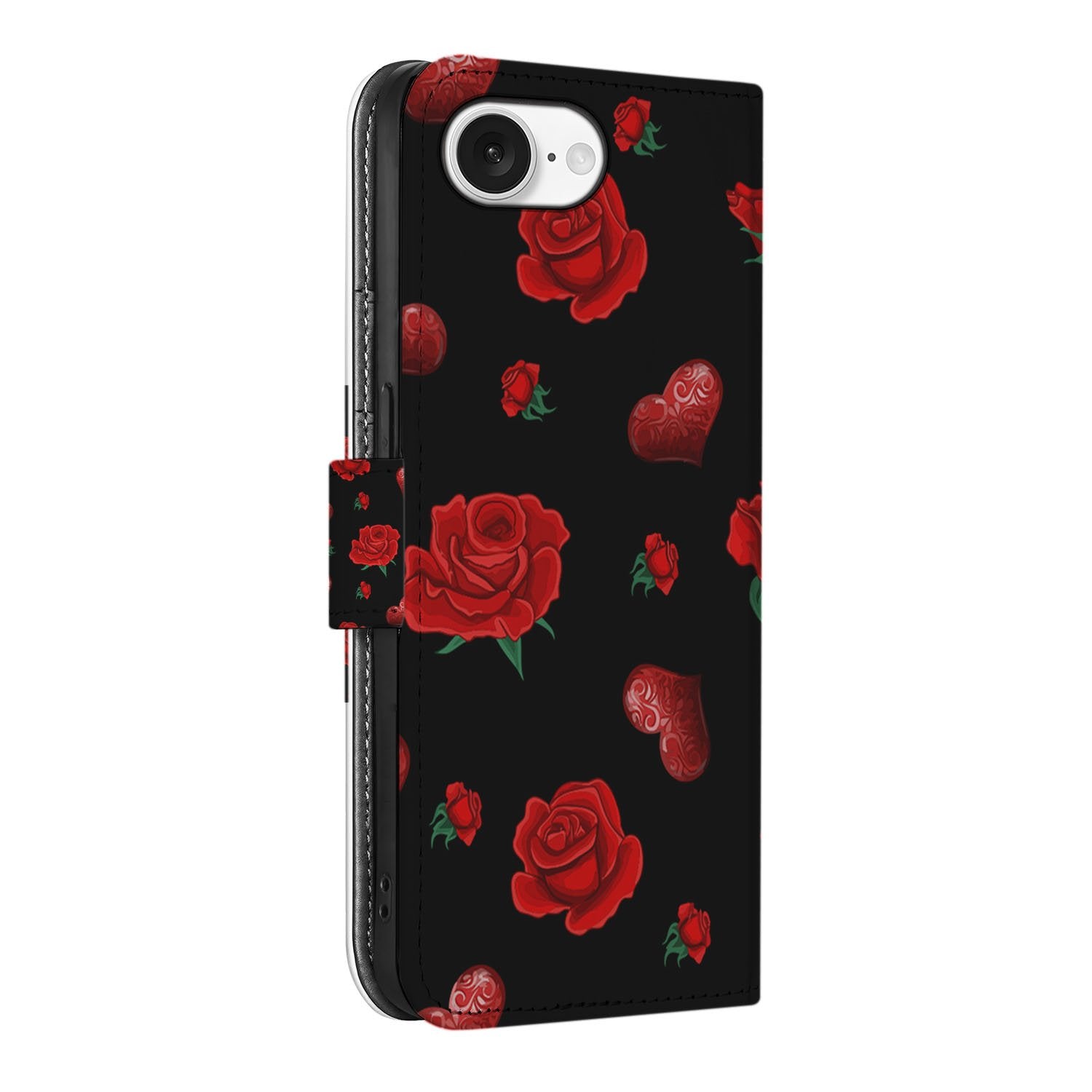 iPhone 16e Leuk Hoesje Valentine bookcase hoesje rose design zijaanzicht