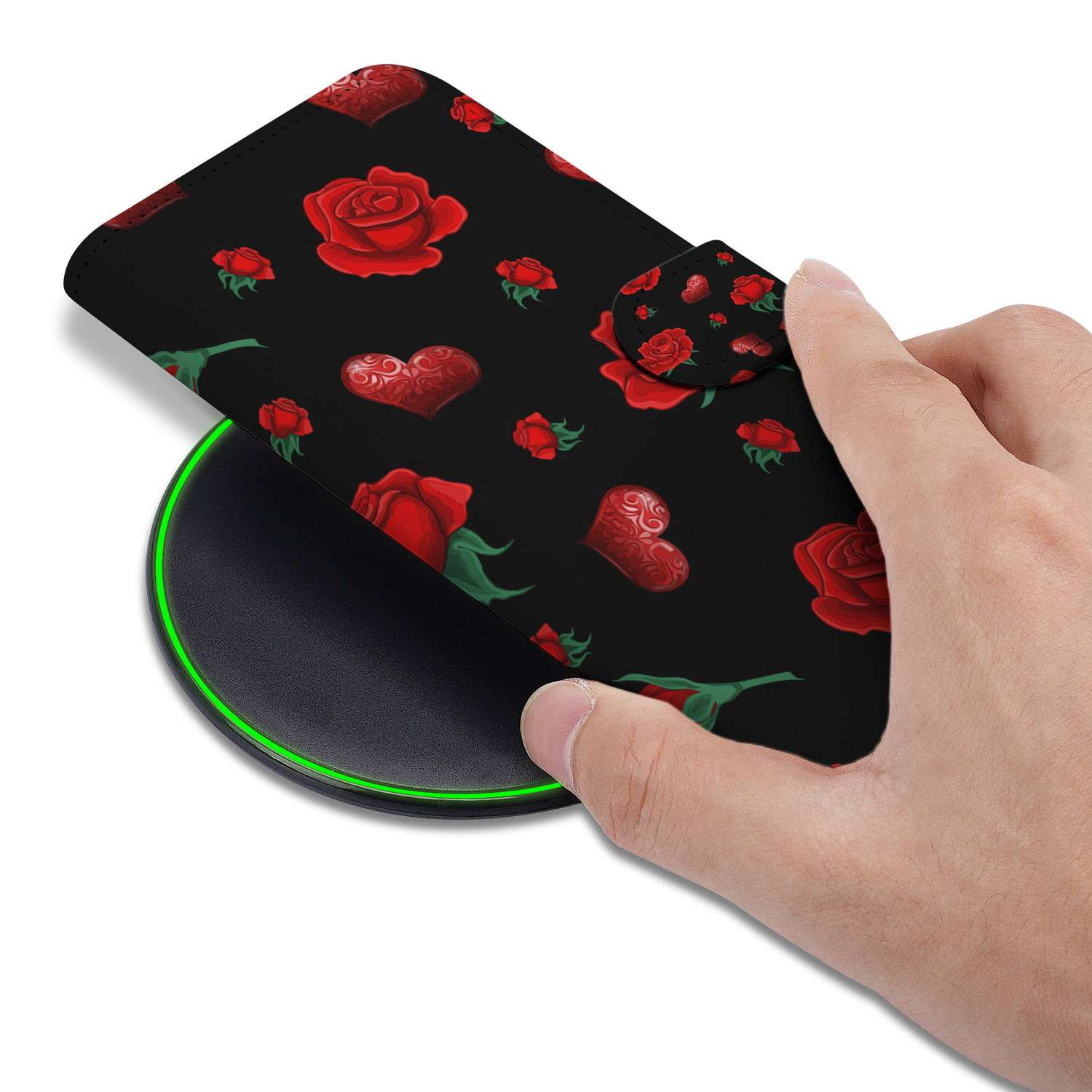 Apple iPhone 16e Leuk Hoesje Valentine bookcase design rozen hartjes aanzicht