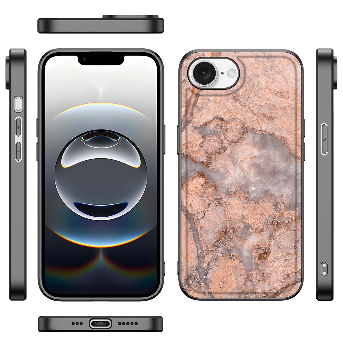 Apple iPhone 16e iPhone 16e Marmeren Print Telefoonhoesje Marmer Oranje vooraan zij aanzicht achteraan
