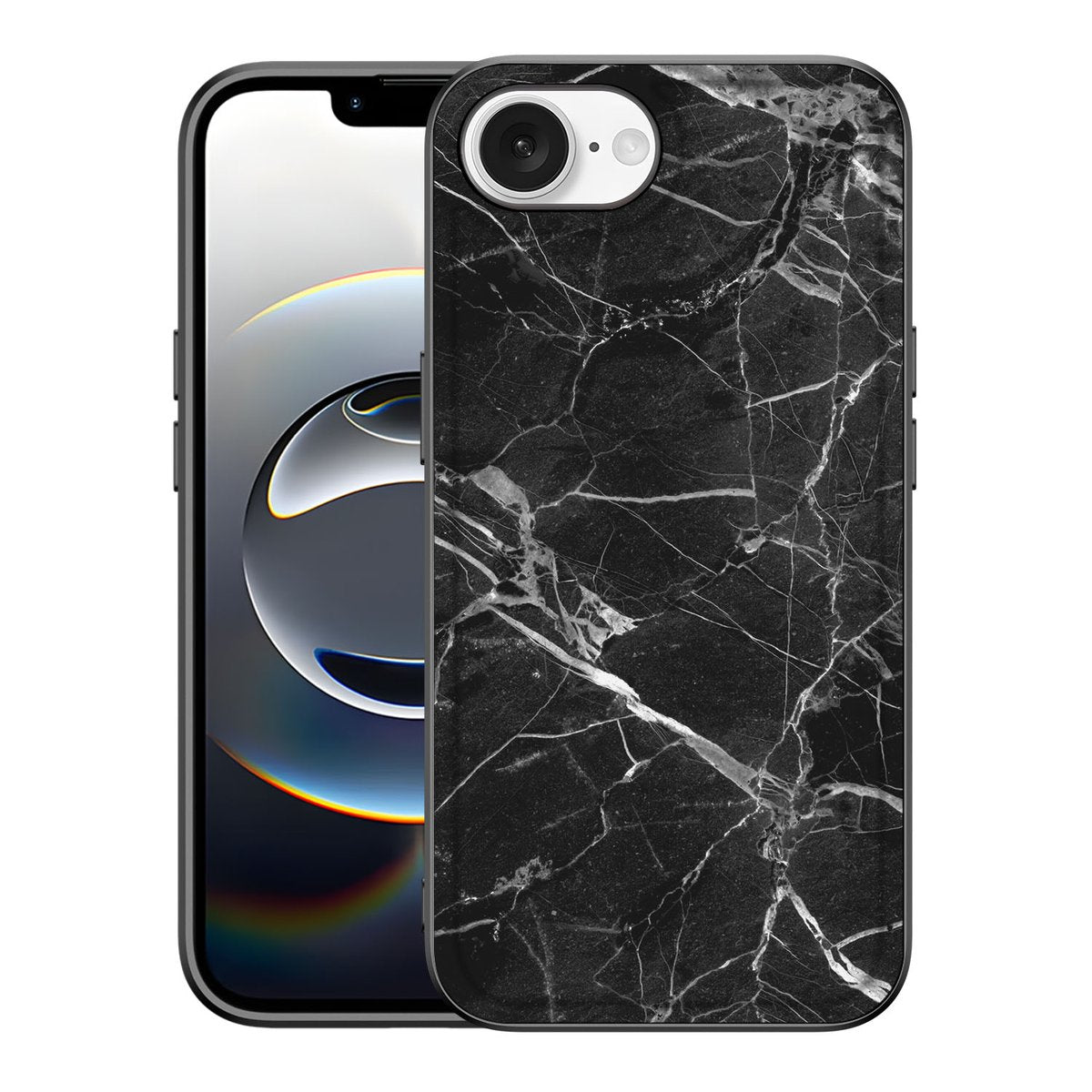 iPhone 16e Marmeren Print Telefoonhoesje Marmer Zwart Telefoonhoesje Marmer Zwart achterkant