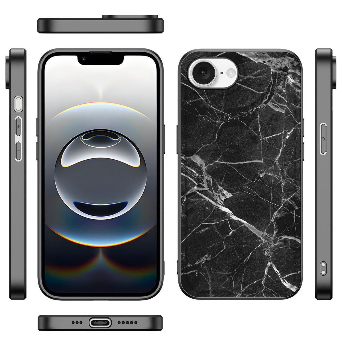 Apple iPhone 16e Marmeren Print Telefoonhoesje Marmer Zwart back cover zijkanten