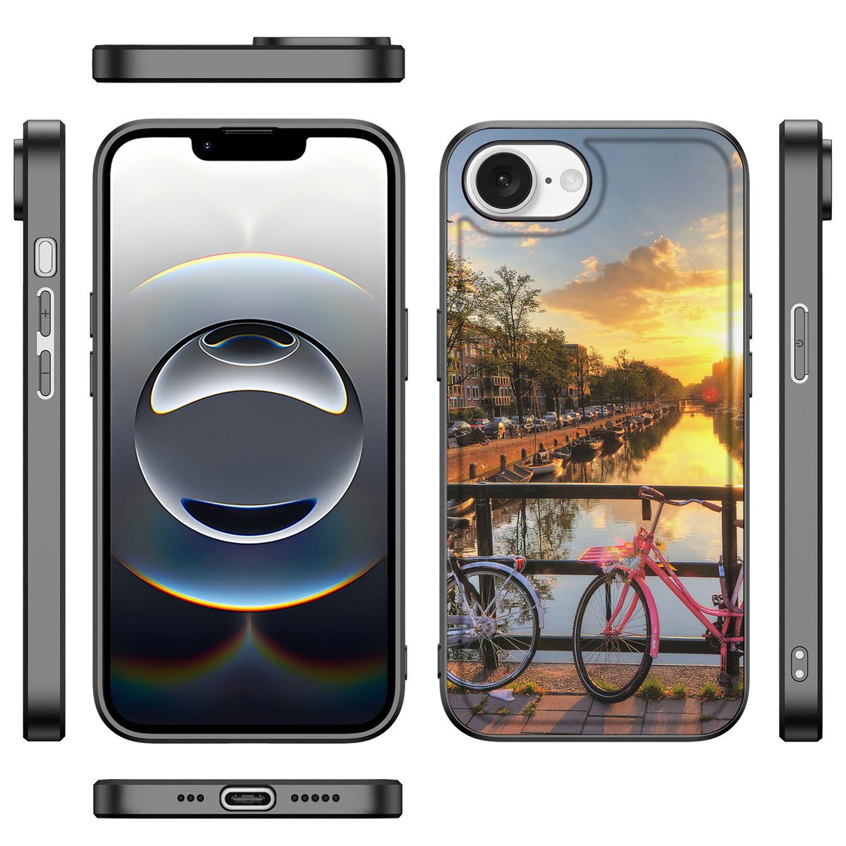 Apple iPhone 16e TPU Backcover Amsterdamse Grachten zijkant en vooraanzicht