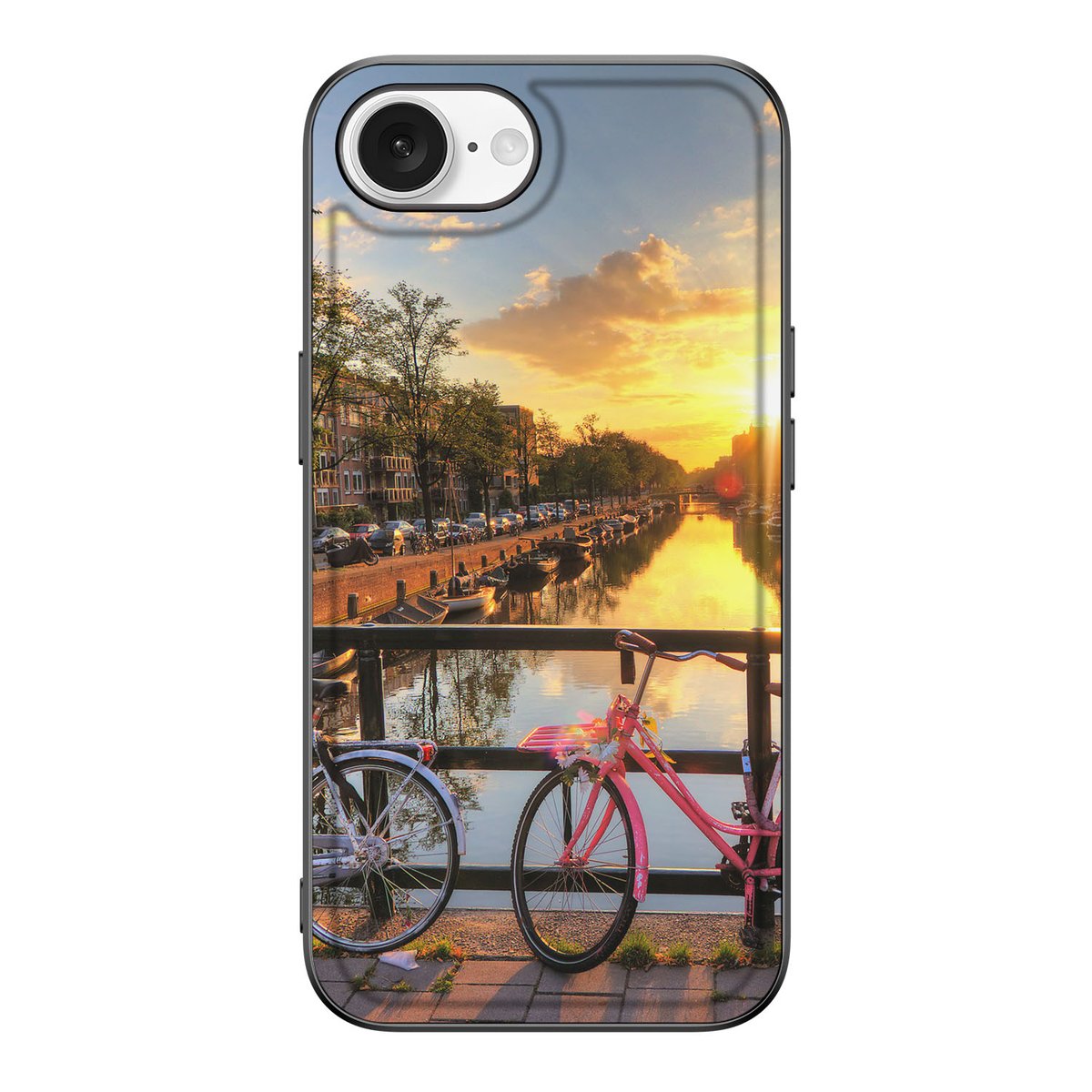 iPhone 16e TPU Backcover Amsterdamse Grachten fietsen kanaal zonsondergang