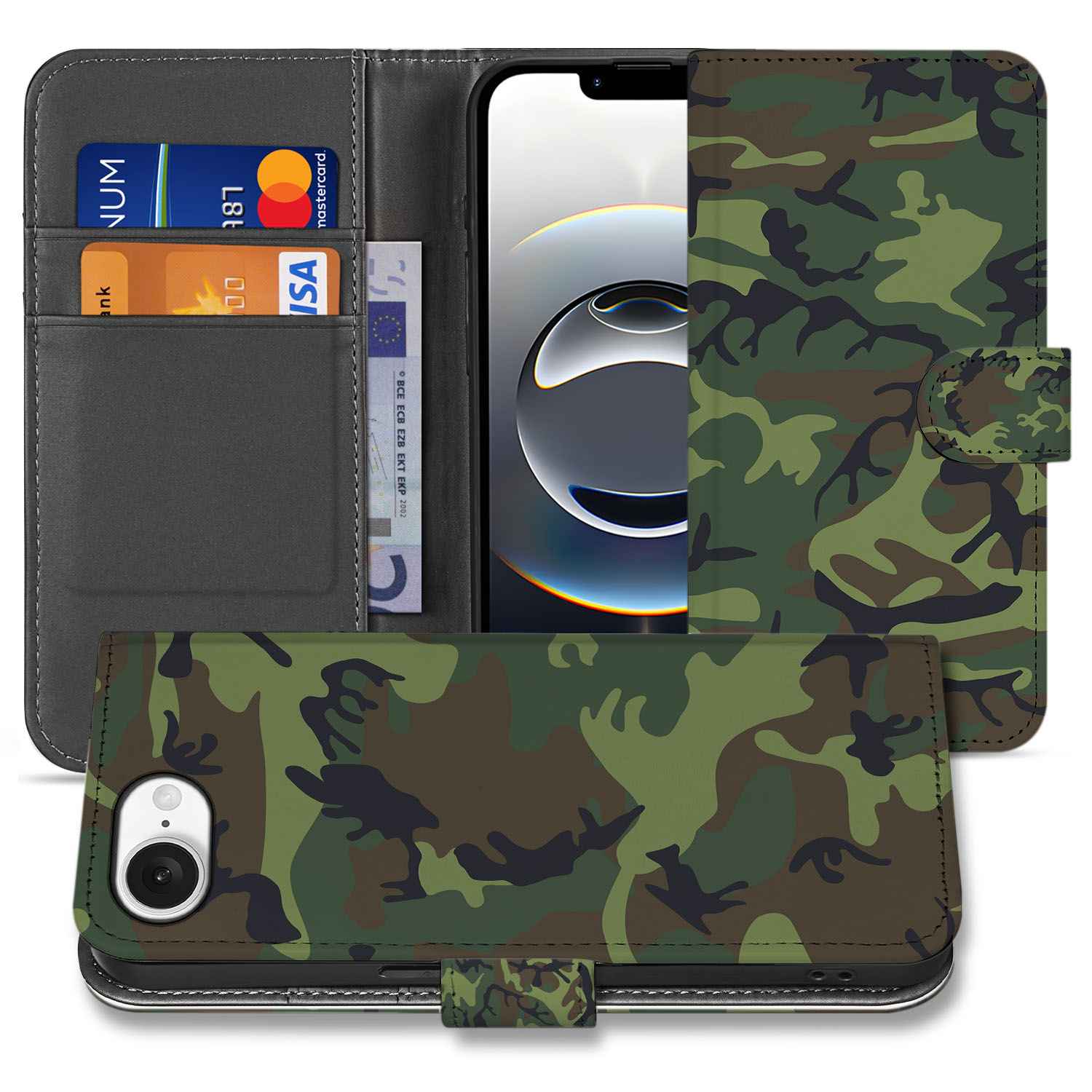 iPhone 16e Telefoon Hoesje Army Dark boekhoesje camouflage design voorkant achterkant