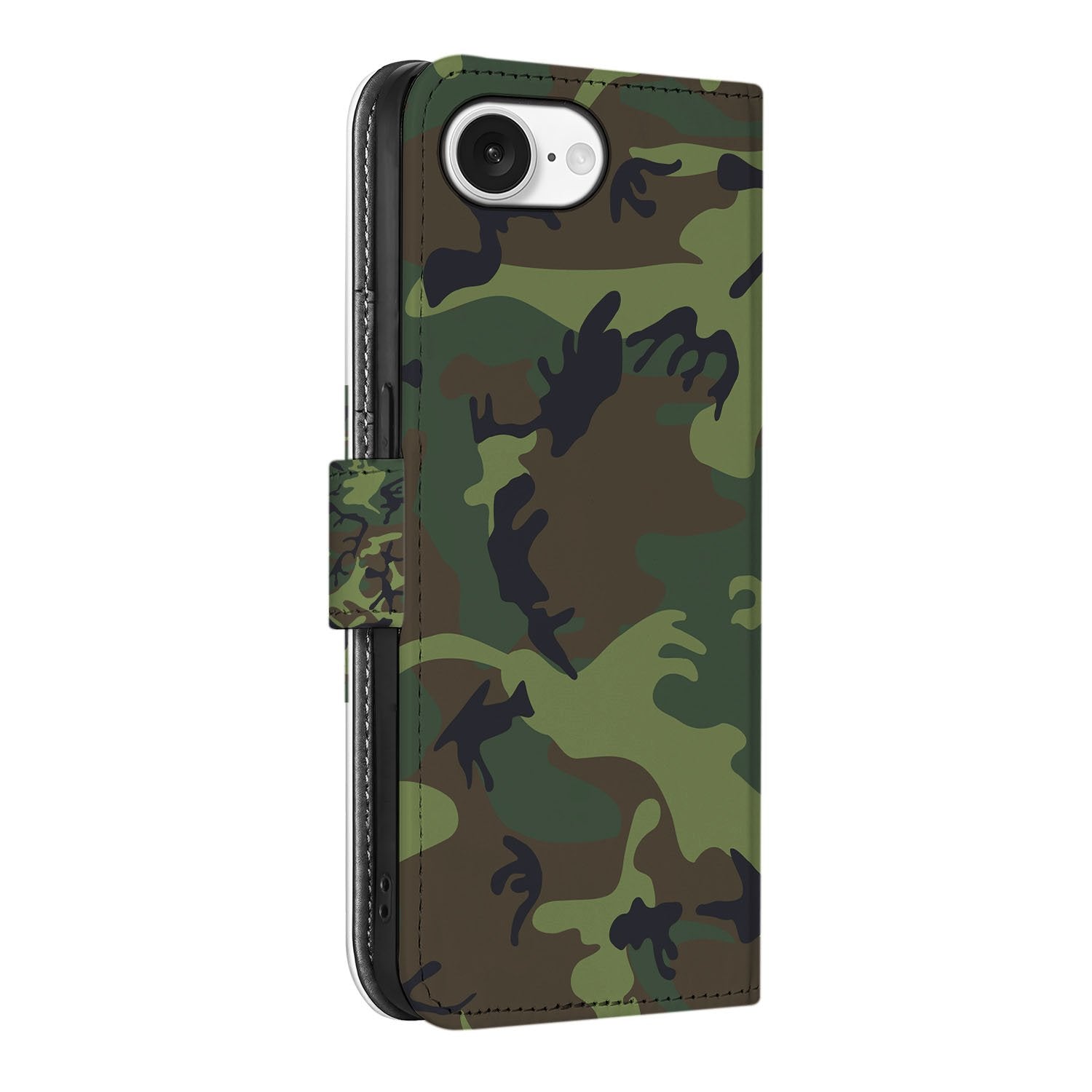 iPhone 16e Telefoon Hoesje Army Dark boekhoesje camouflage zijkant