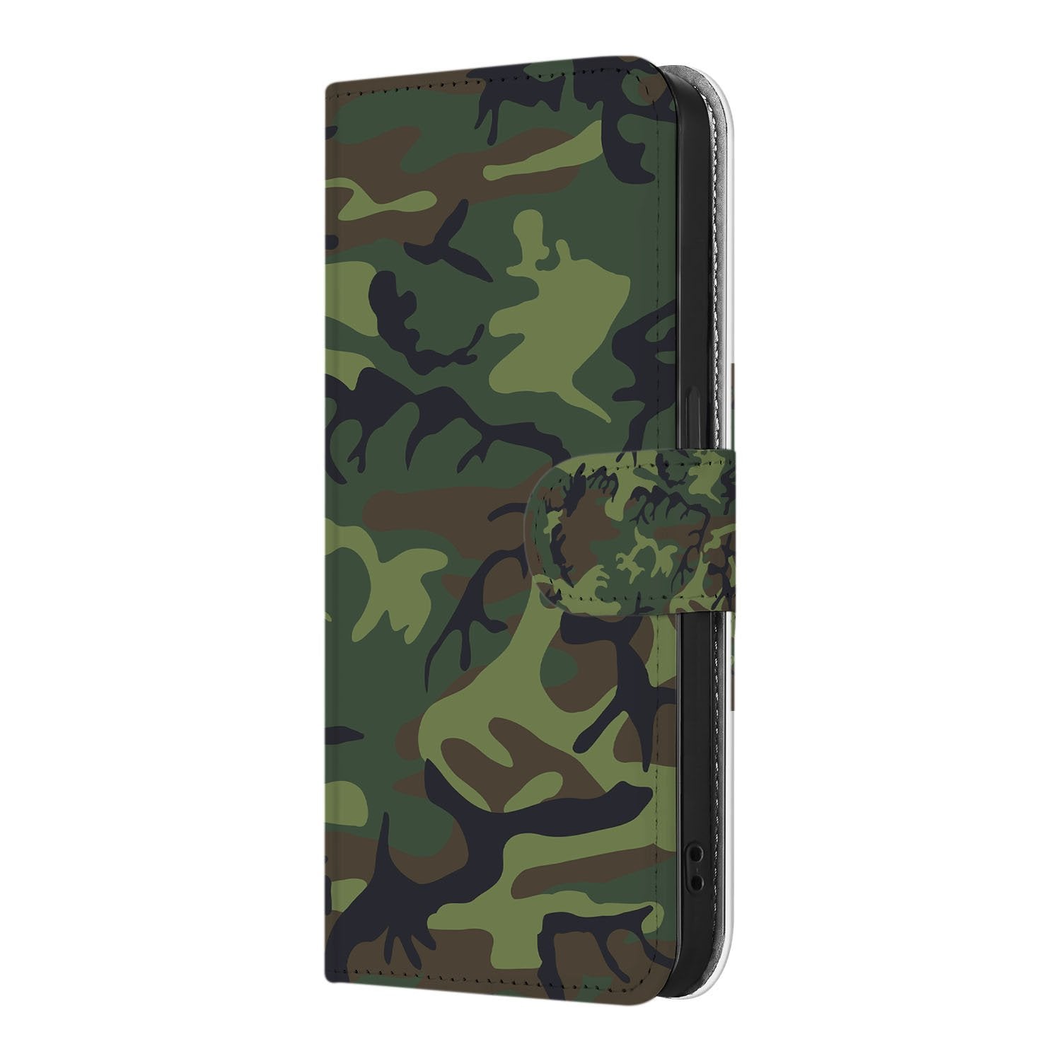 iPhone 16e Telefoon Hoesje Army Dark boekhoesje camouflage print zijaanzicht