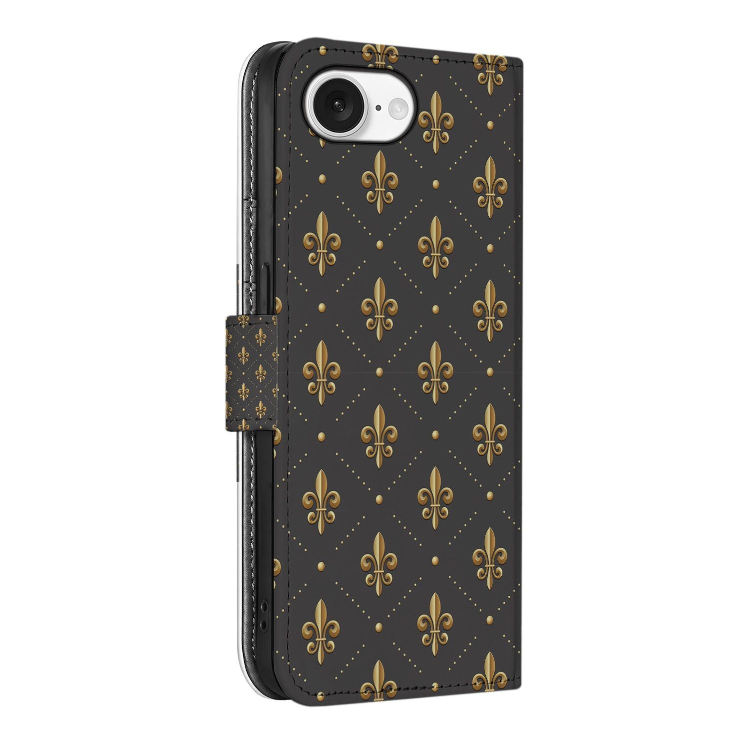 iPhone 16e Telefoon Hoesje Franse Lelie bookcase Franse lelie design zwart goud aanzicht
