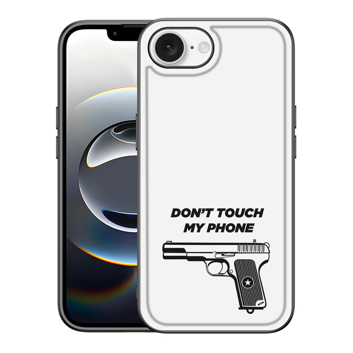 Apple iPhone 16e Telefoon Hoesje Pistol DTMP hoesje don't touch my phone achterzijde