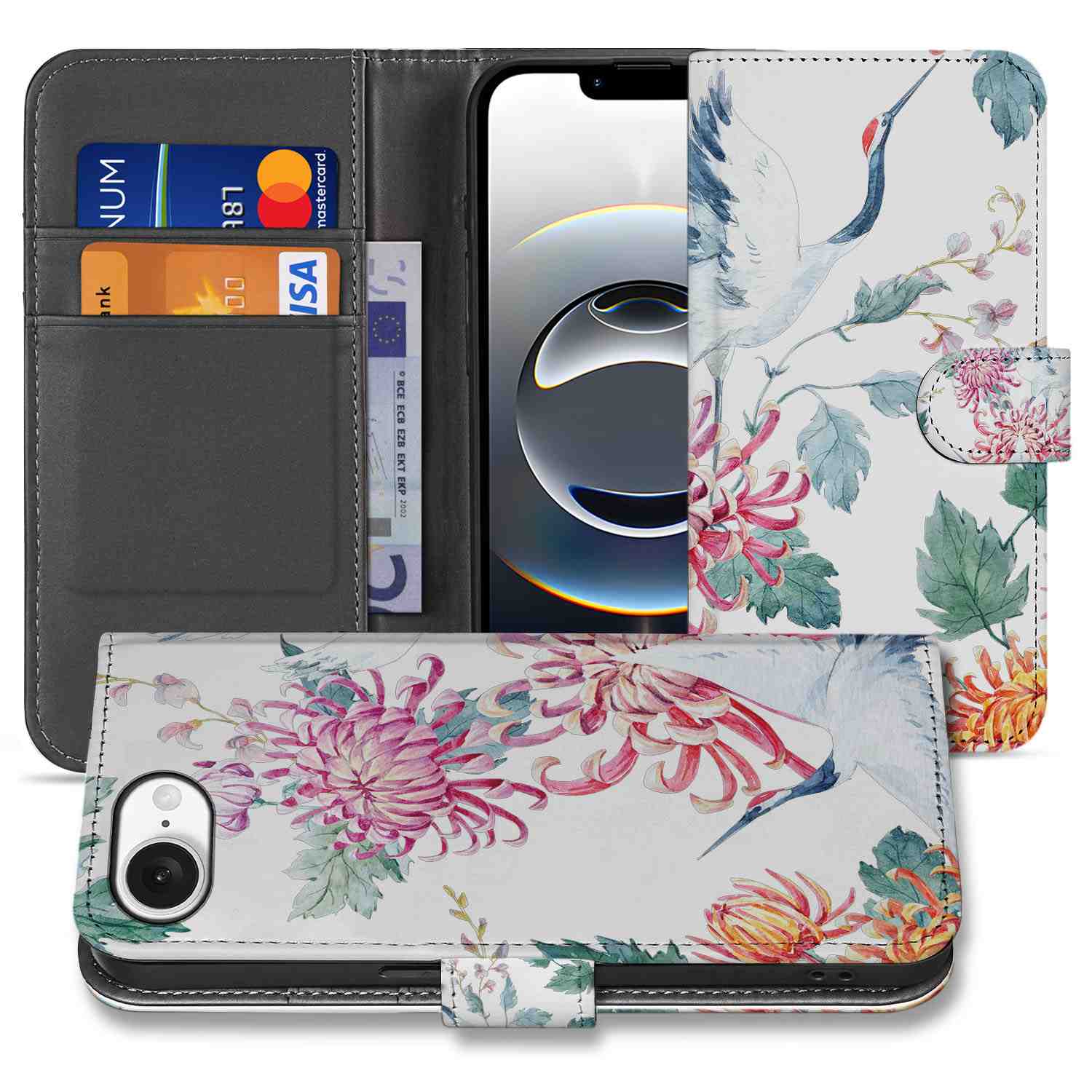 iPhone 16e Telefoonhoesje met Pasjes Bird Flowers telefoonhoesje bloemen ooievaar design aanzicht