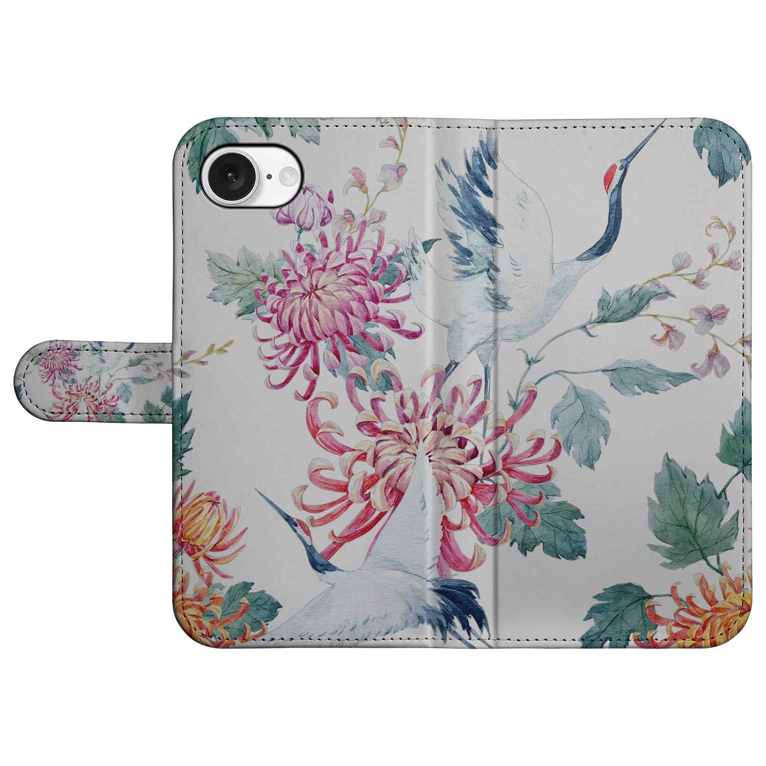 iPhone 16e Telefoonhoesje met Pasjes Bird Flowers boekhoesje ooievaar bloemen aanzicht