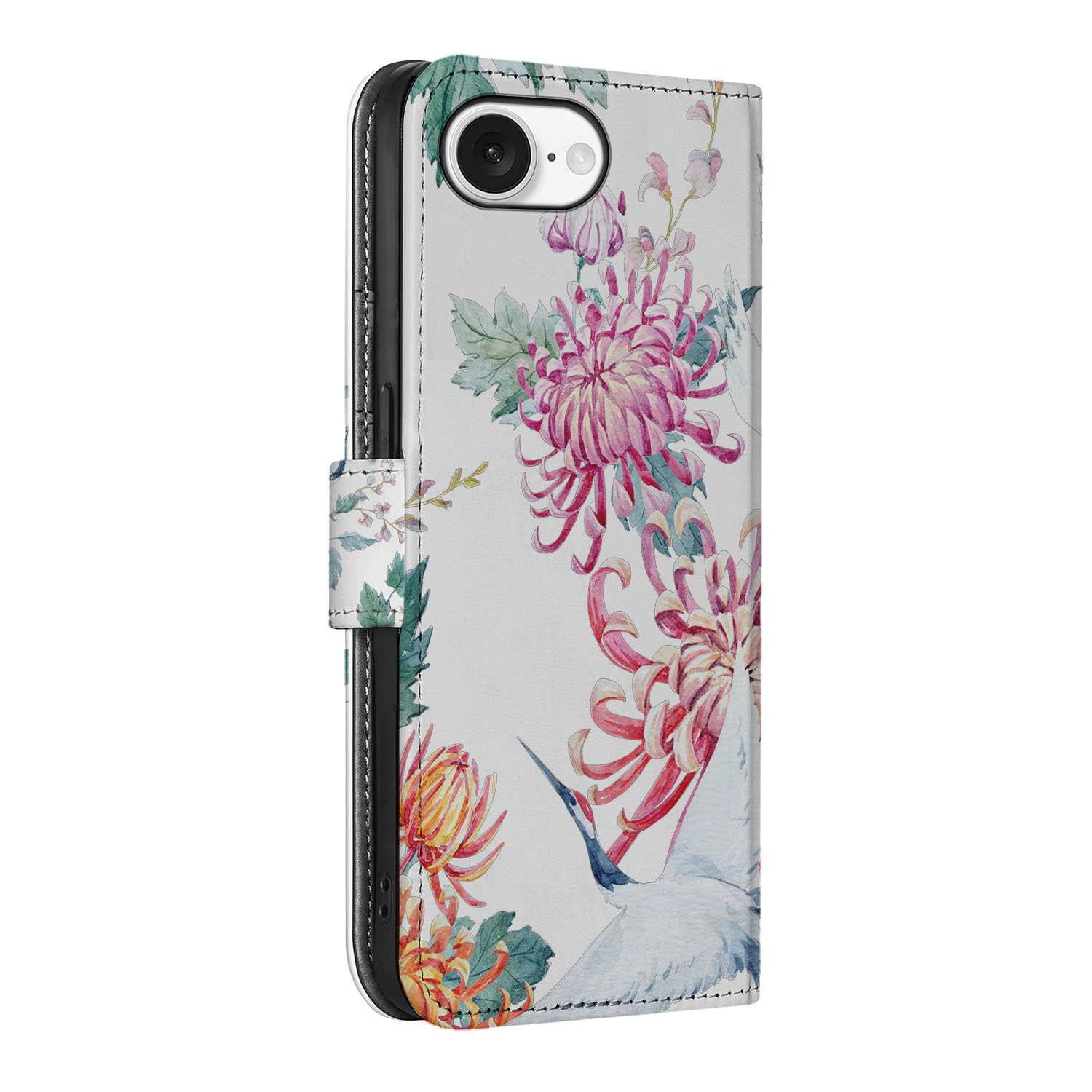 iPhone 16e Telefoonhoesje met Pasjes Bird Flowers boekhoesje design kleurrijke bloemen zijkant