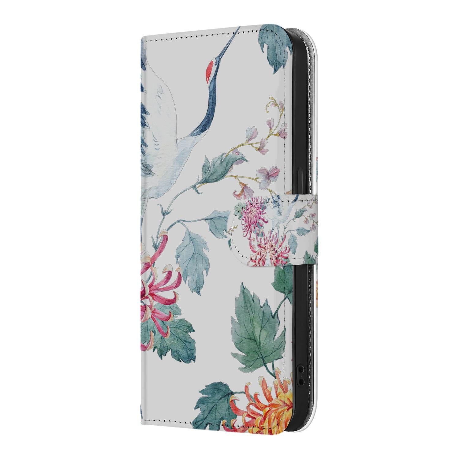 iPhone 16e Telefoonhoesje met Pasjes Bird Flowers boekhoesje ooievaar bloemen zijaanzicht