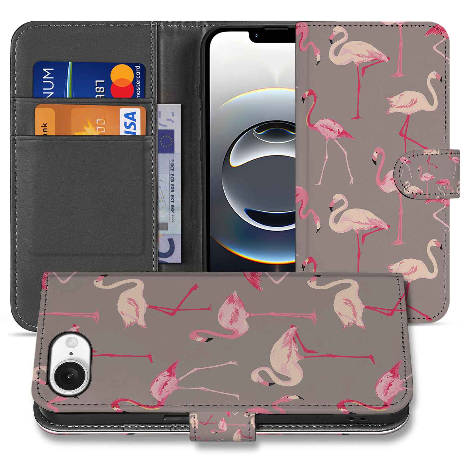 iPhone 16e Telefoonhoesje met Pasjes Flamingo hoesje flamingo pasjes aanzicht