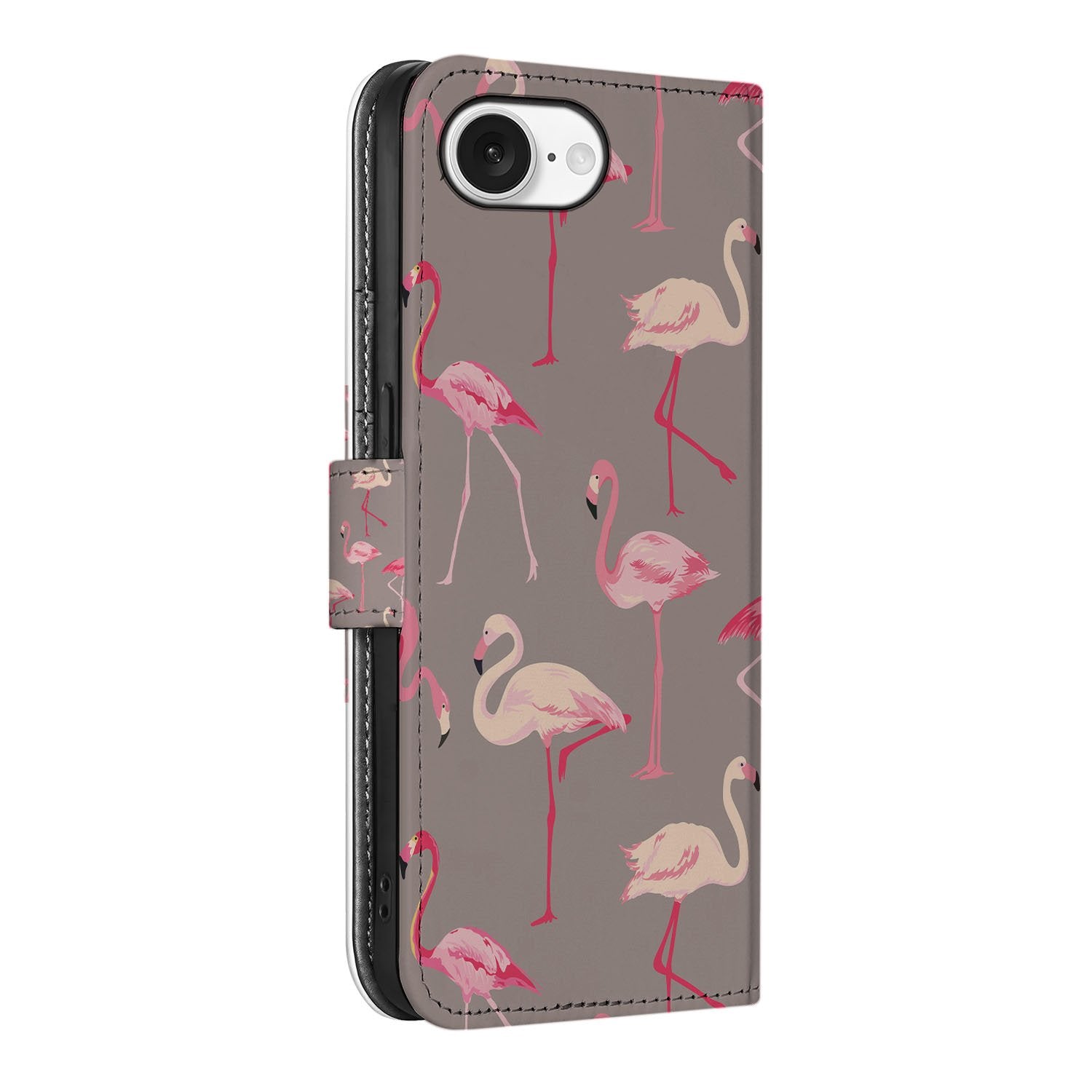 iPhone 16e Telefoonhoesje met Pasjes Flamingo hoesje flamingo's zijaanzicht
