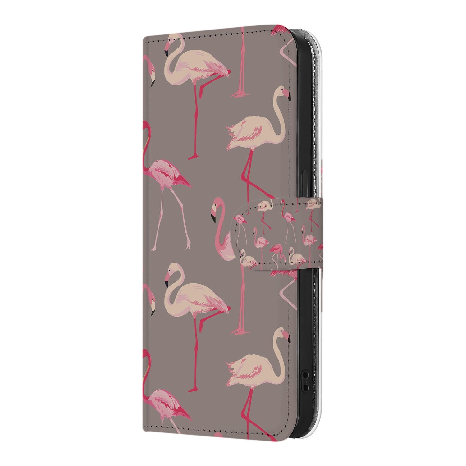 iPhone 16e Telefoonhoesje met Pasjes Flamingo hoesje flamingo's design zijaanzicht