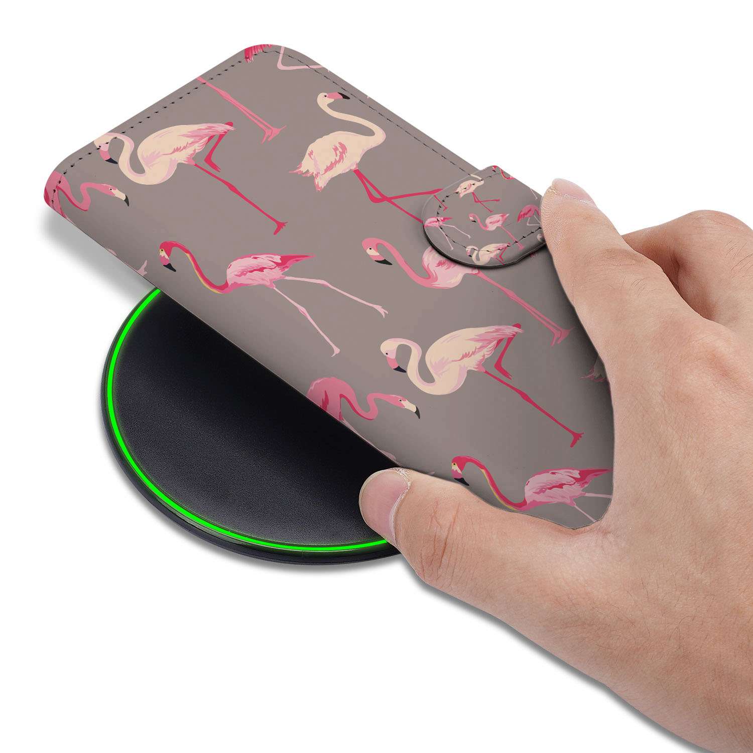 iPhone 16e Telefoonhoesje met Pasjes Flamingo design flamingo hand aanzicht