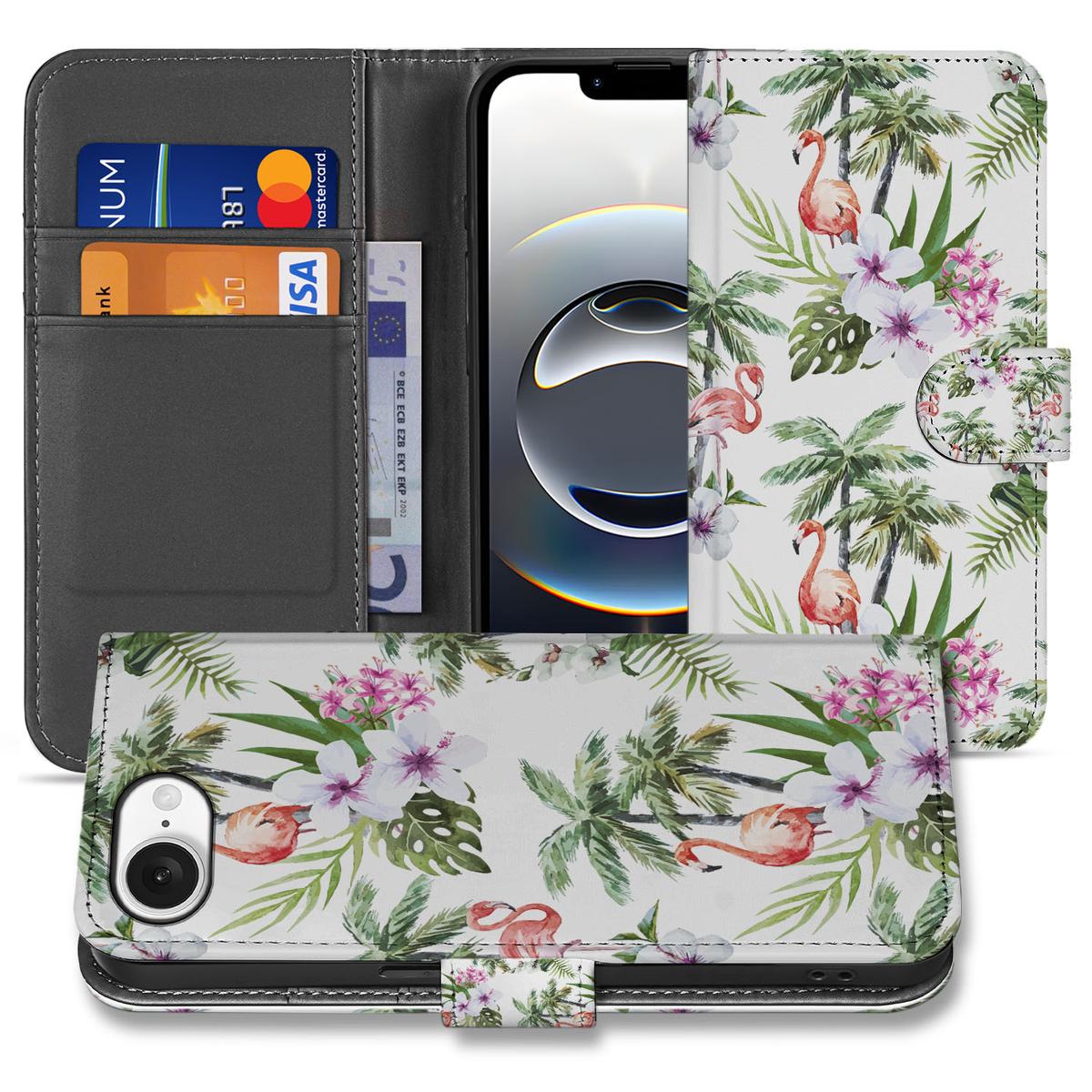 iPhone 16e Telefoonhoesje met Pasjes Flamingo Palms tropisch design voorkant achterkant