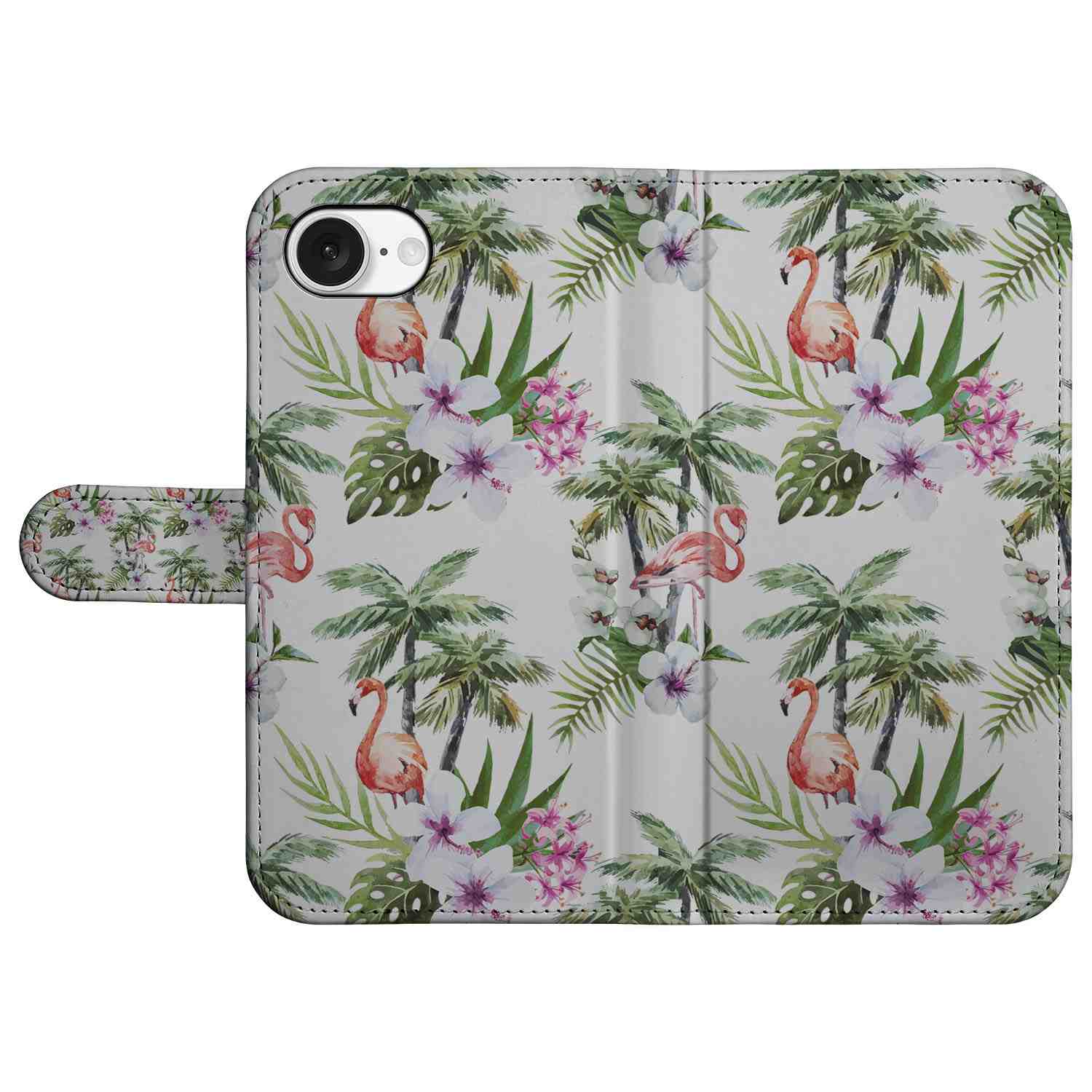 iPhone 16e Telefoonhoesje met Pasjes Flamingo Palms tropisch design voorkant