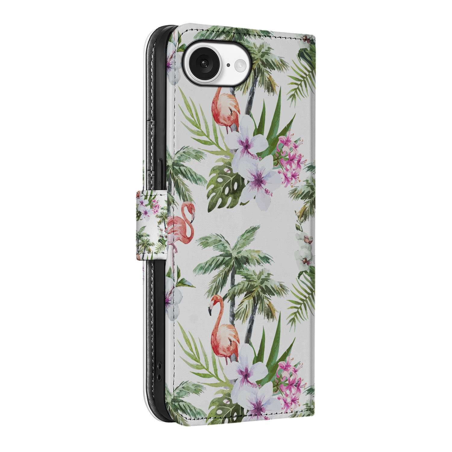 iPhone 16e Telefoonhoesje met Pasjes Flamingo Palms hoesch ontwerp zijaanzicht