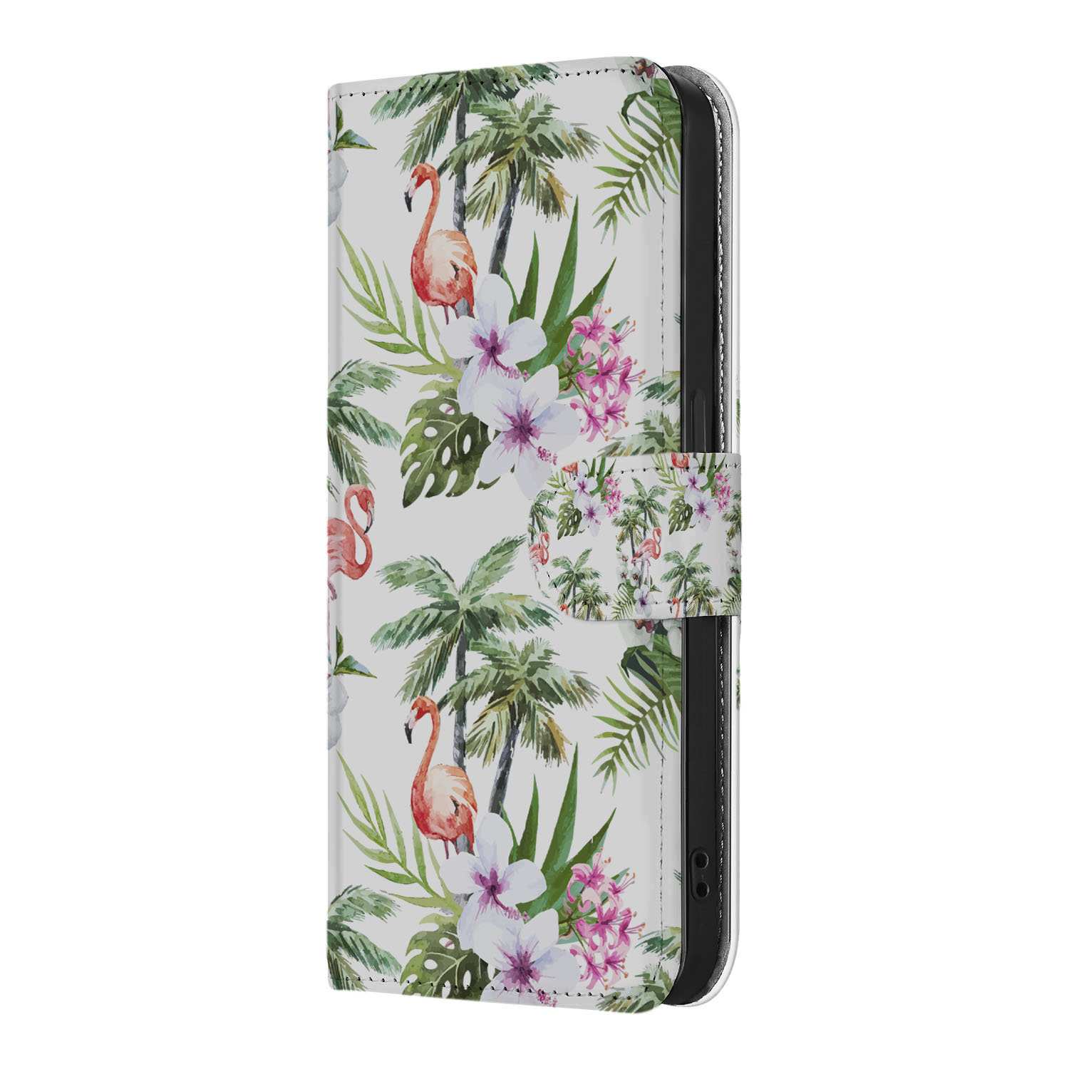 iPhone 16e Telefoonhoesje met Pasjes Flamingo Palms boekhoesje tropisch design aanzicht