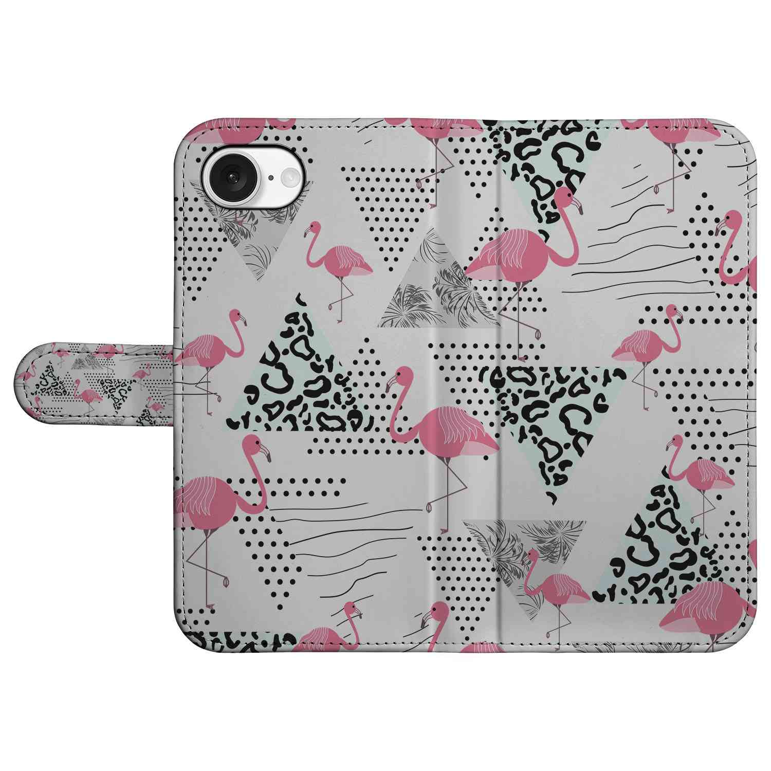 iPhone 16e Telefoonhoesje met Pasjes Flamingo Triangle design flamingo's driehoeken aanzicht