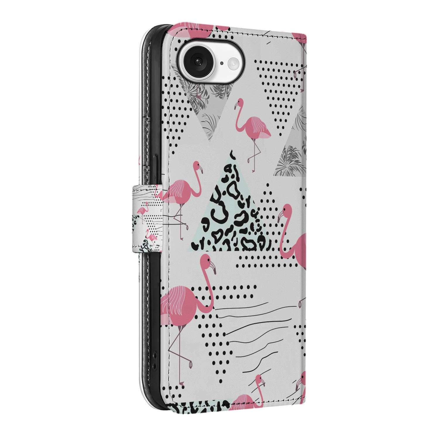 iPhone 16e Telefoonhoesje met Pasjes Flamingo Triangle design flamingo driehoek zijkant