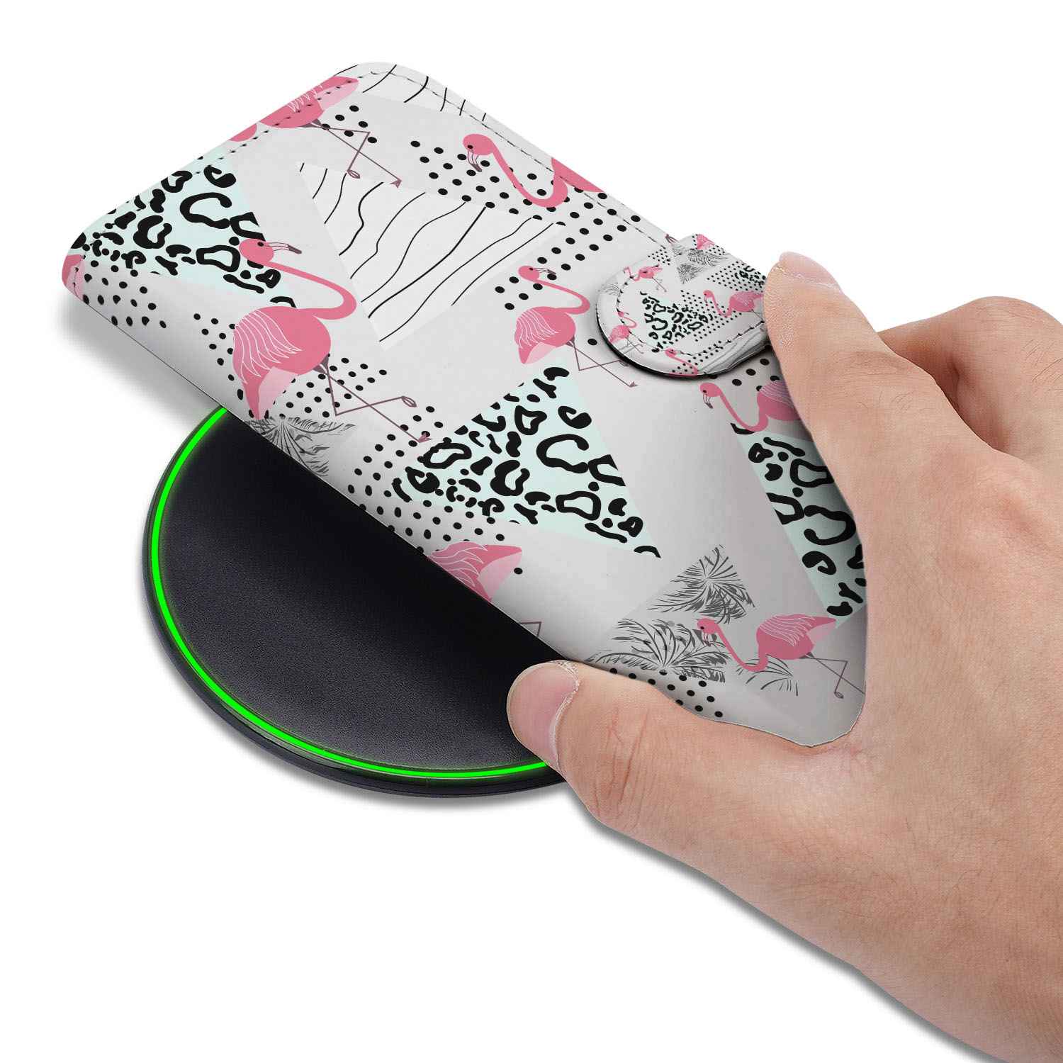 iPhone 16e Telefoonhoesje met Pasjes Flamingo Triangle design hand aanzicht