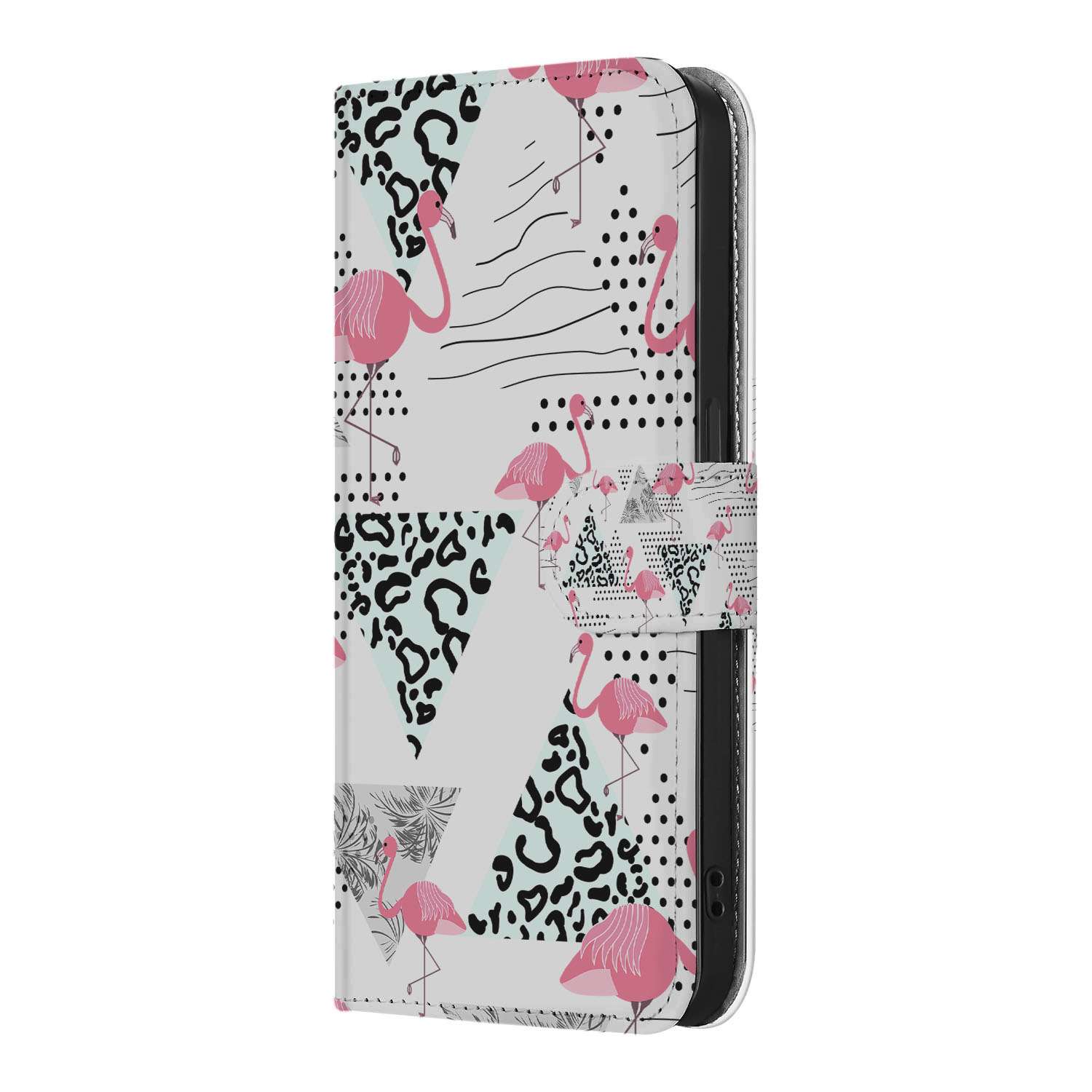 iPhone 16e Telefoonhoesje met Pasjes Flamingo Triangle design zijaanzicht