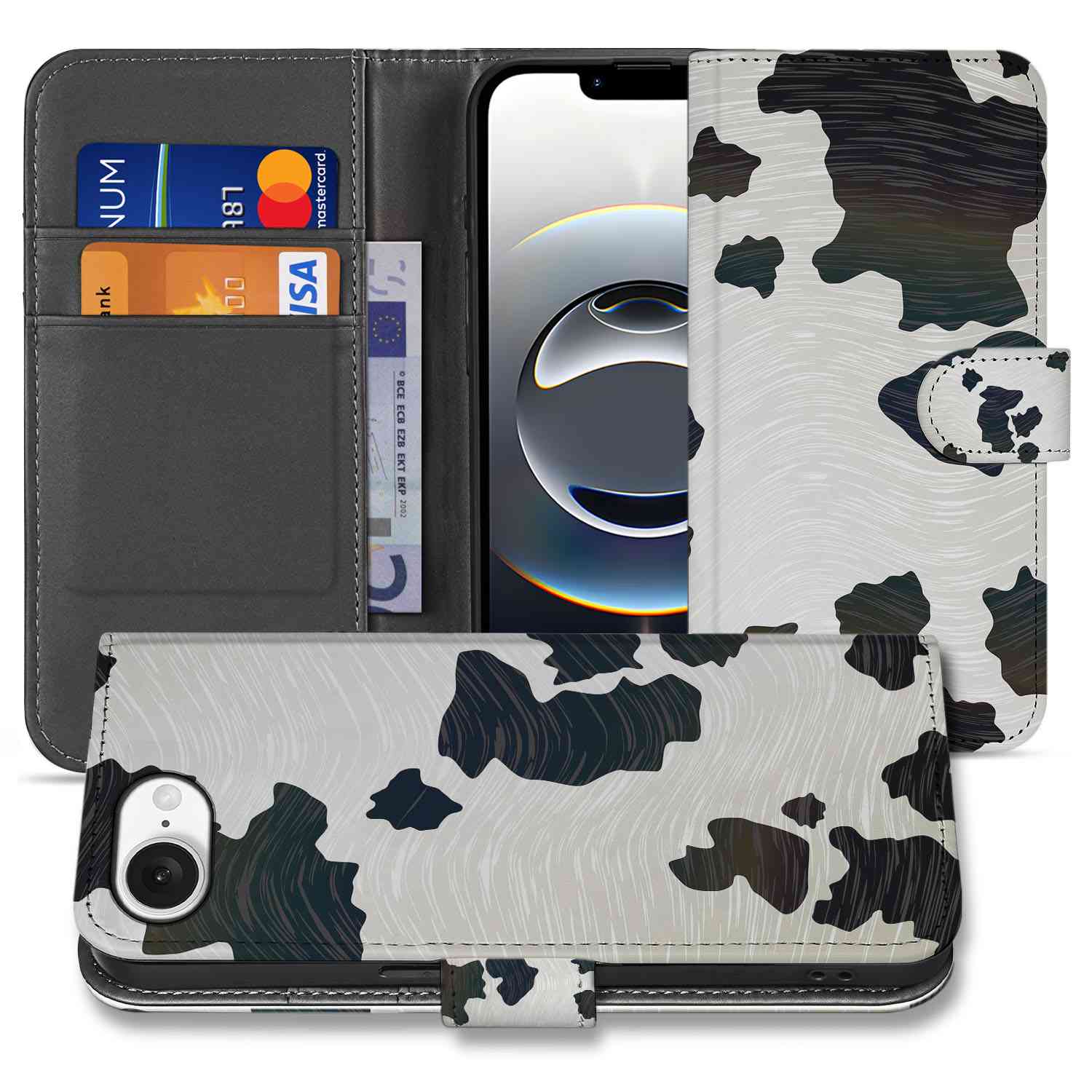 iPhone 16e Telefoonhoesje met Pasjes Koeienvlekken design koeienvlekken aanzicht