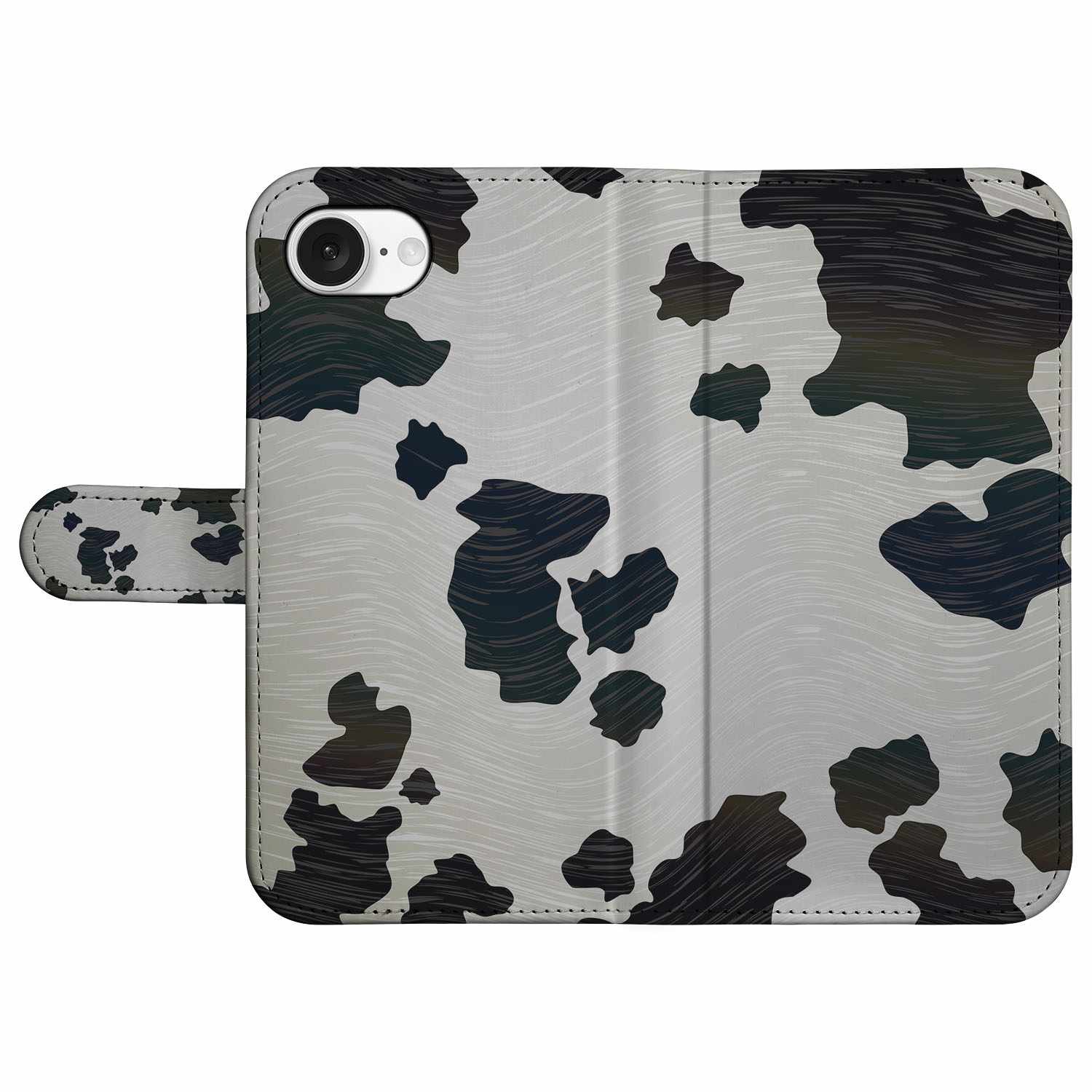 iPhone 16e Telefoonhoesje met Pasjes Koeienvlekken boek cover voorkant