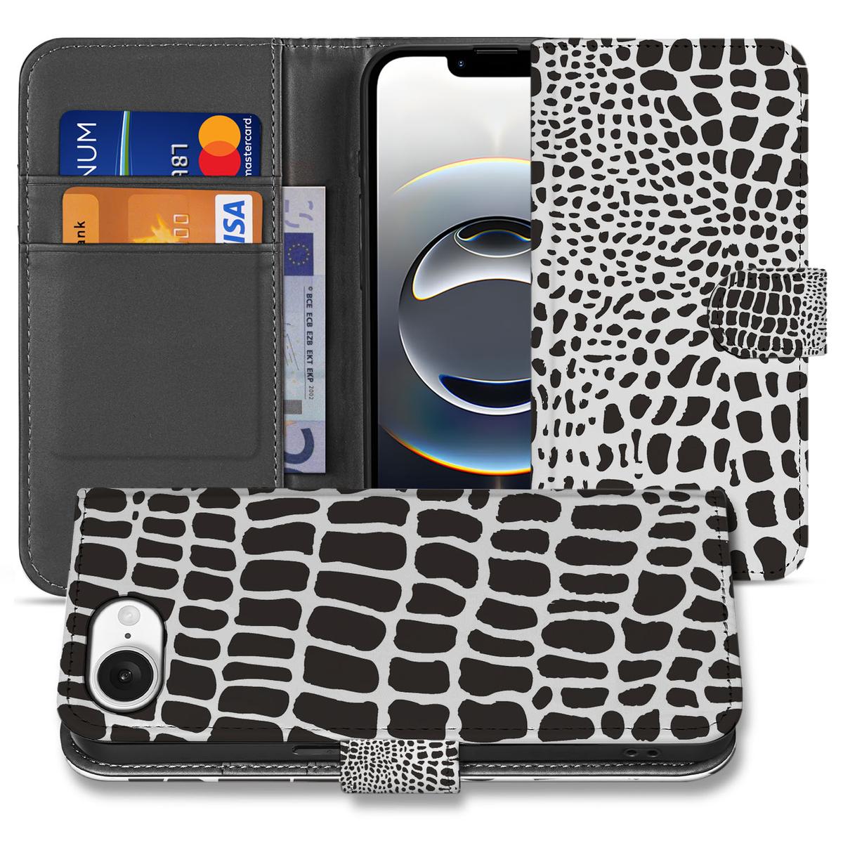 iPhone 16e Telefoonhoesje met Pasjes slangenprint boekhoesje zwart wit aanzicht
