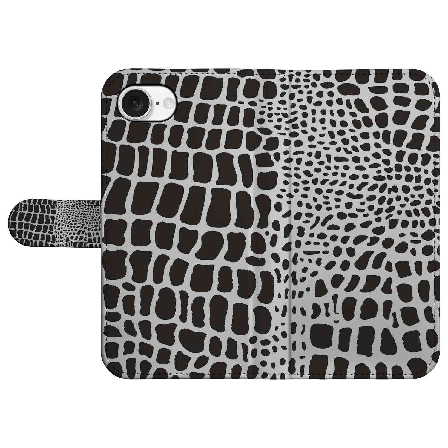 iPhone 16e Telefoonhoesje met Pasjes Slangenprint zwart wit design boekhoes aanzicht