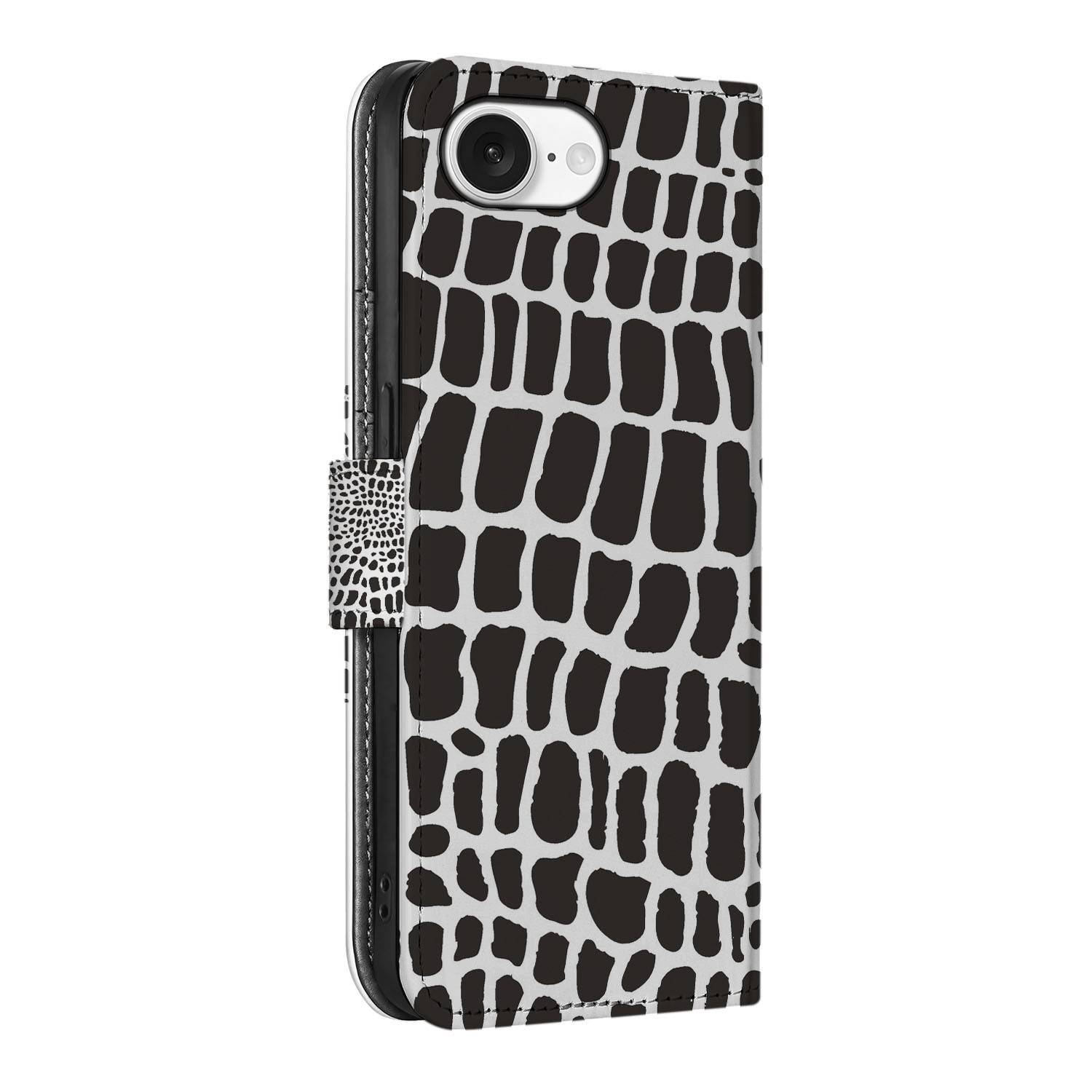 iPhone 16e Telefoonhoesje met Pasjes Slangenprint zwart wit boekhoesje zijaanzicht