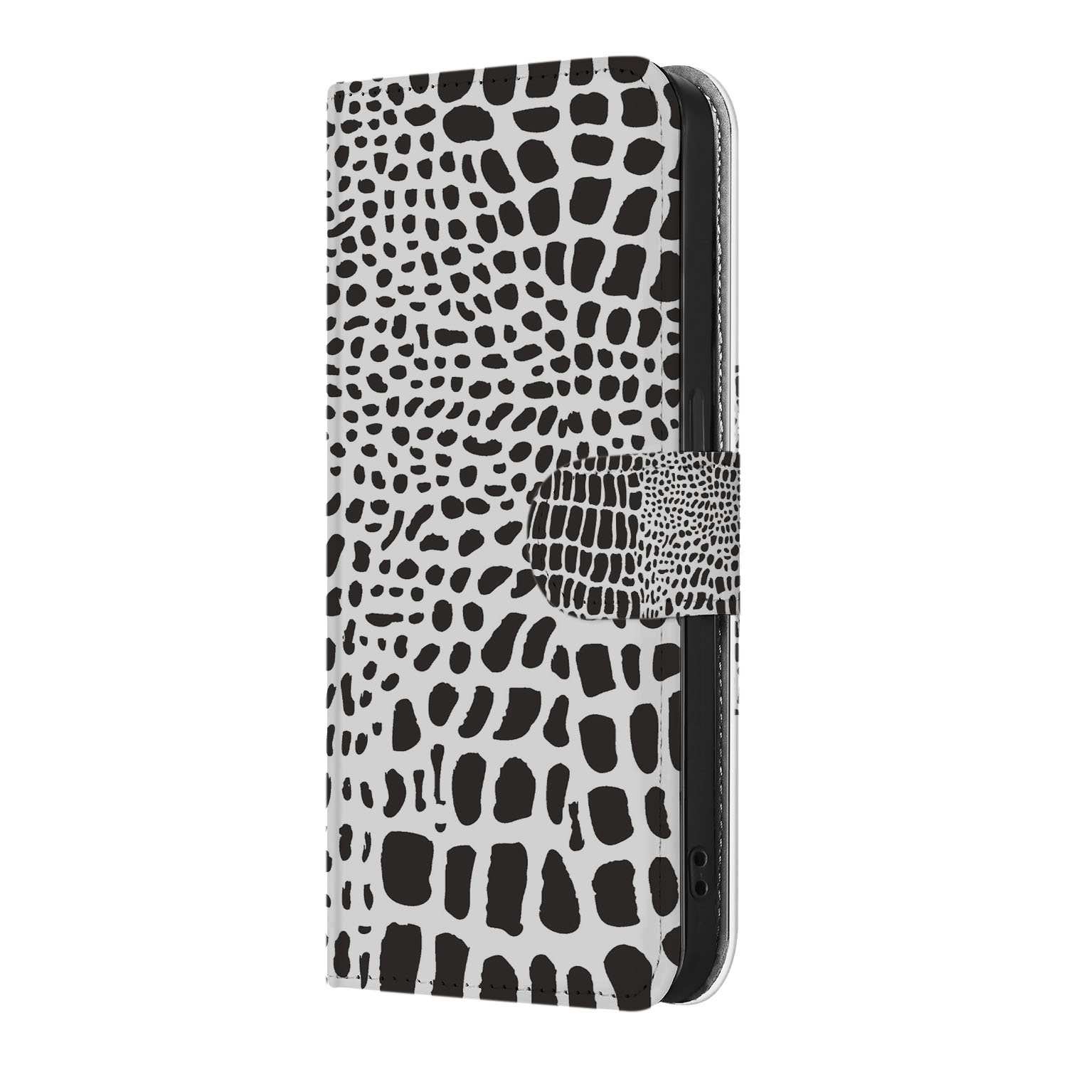 iPhone 16e Telefoonhoesje met Pasjes Slangenprint boekhoesje zwart wit zijkant