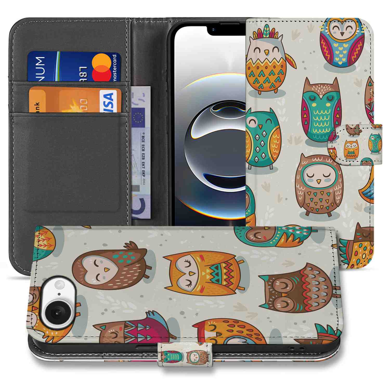 iPhone 16e Telefoonhoesje met Pasjes Vrolijke Uilen telefoonhoesje uilen design voorkant
