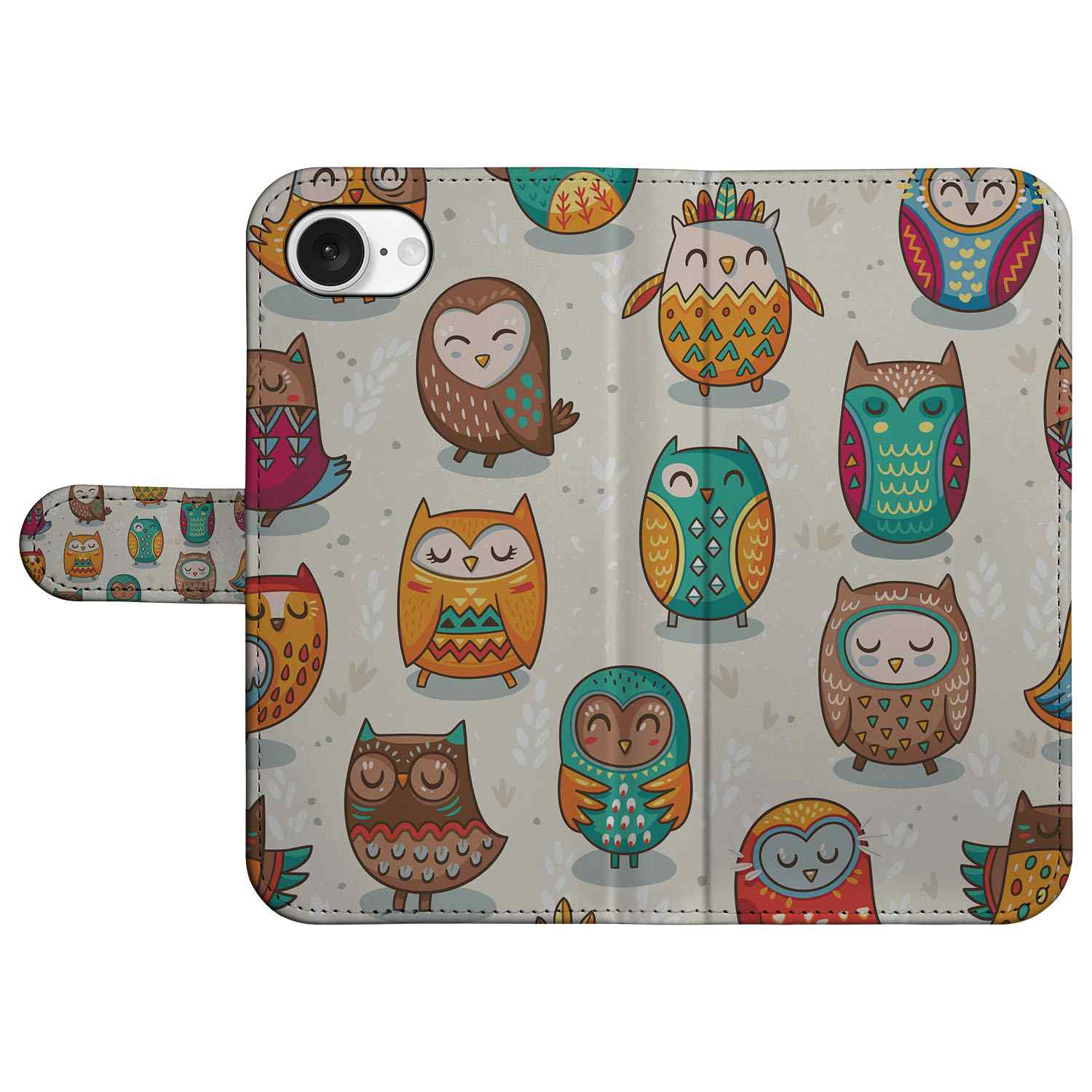 iPhone 16e Telefoonhoesje met Pasjes Vrolijke Uilen vrolijke uilen design voorkant
