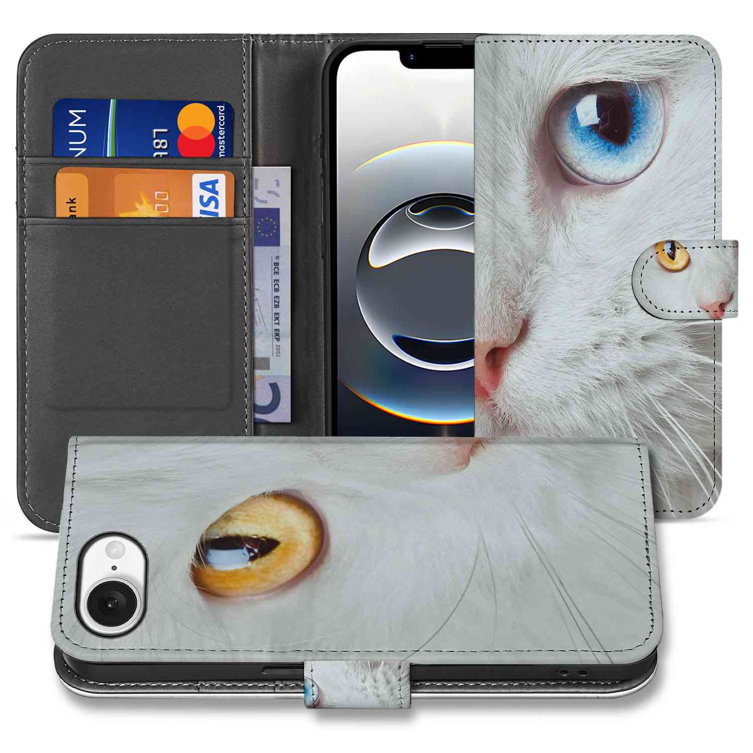 iPhone 16e Telefoonhoesje met Pasjes Witte Kat design wit kat voorkant zijkant