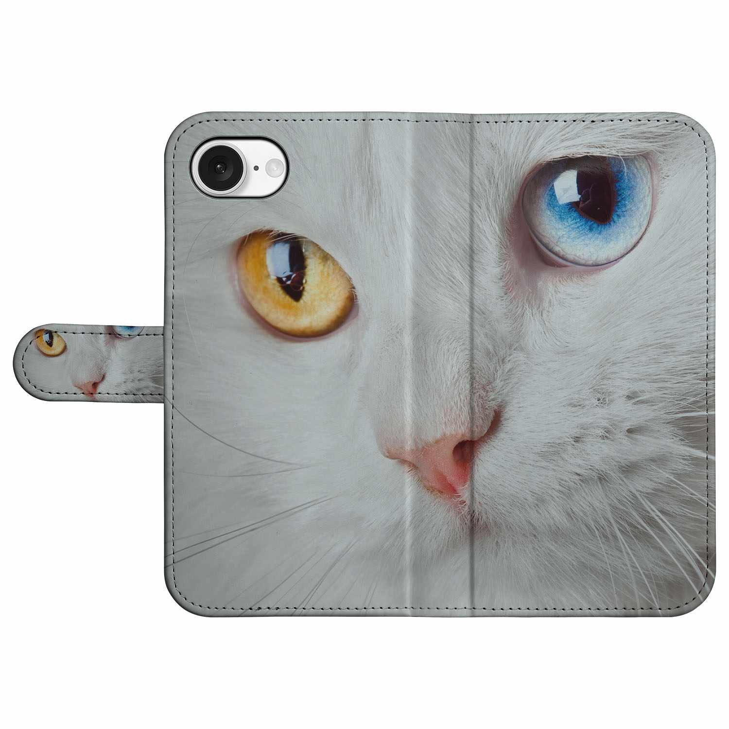 iPhone 16e Telefoonhoesje met Pasjes Witte Kat design wit kat gezicht close-up