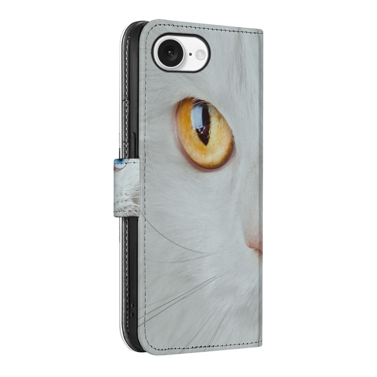 iPhone 16e Telefoonhoesje met Pasjes Witte Kat telefoonhoesje cat design zijkant