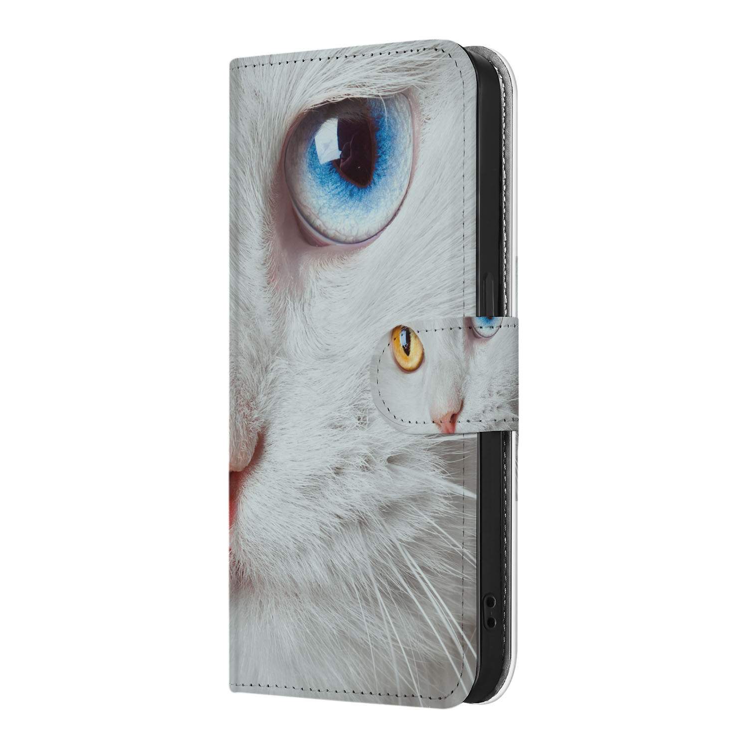 iPhone 16e Telefoonhoesje met Pasjes Witte Kat boekhoes witte kat blauw geel oog