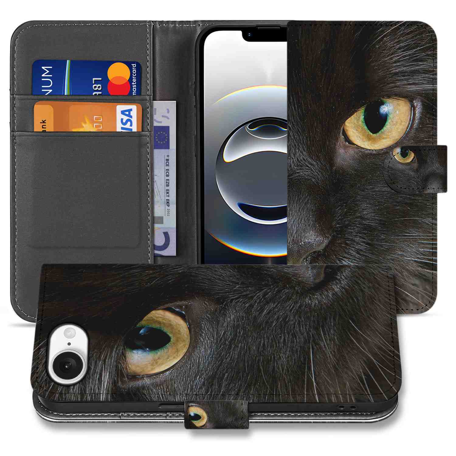 iPhone 16e Telefoonhoesje met Pasjes Zwarte Kat design zwart kat aanzicht