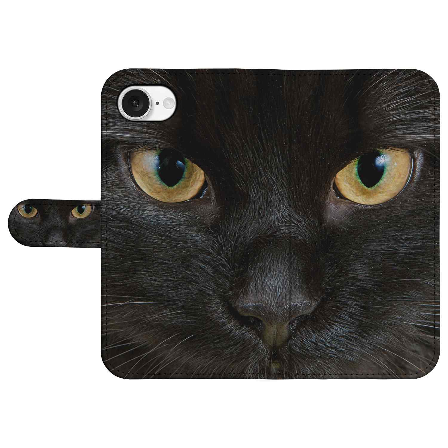 iPhone 16e Telefoonhoesje met Pasjes Zwarte Kat cat face design front