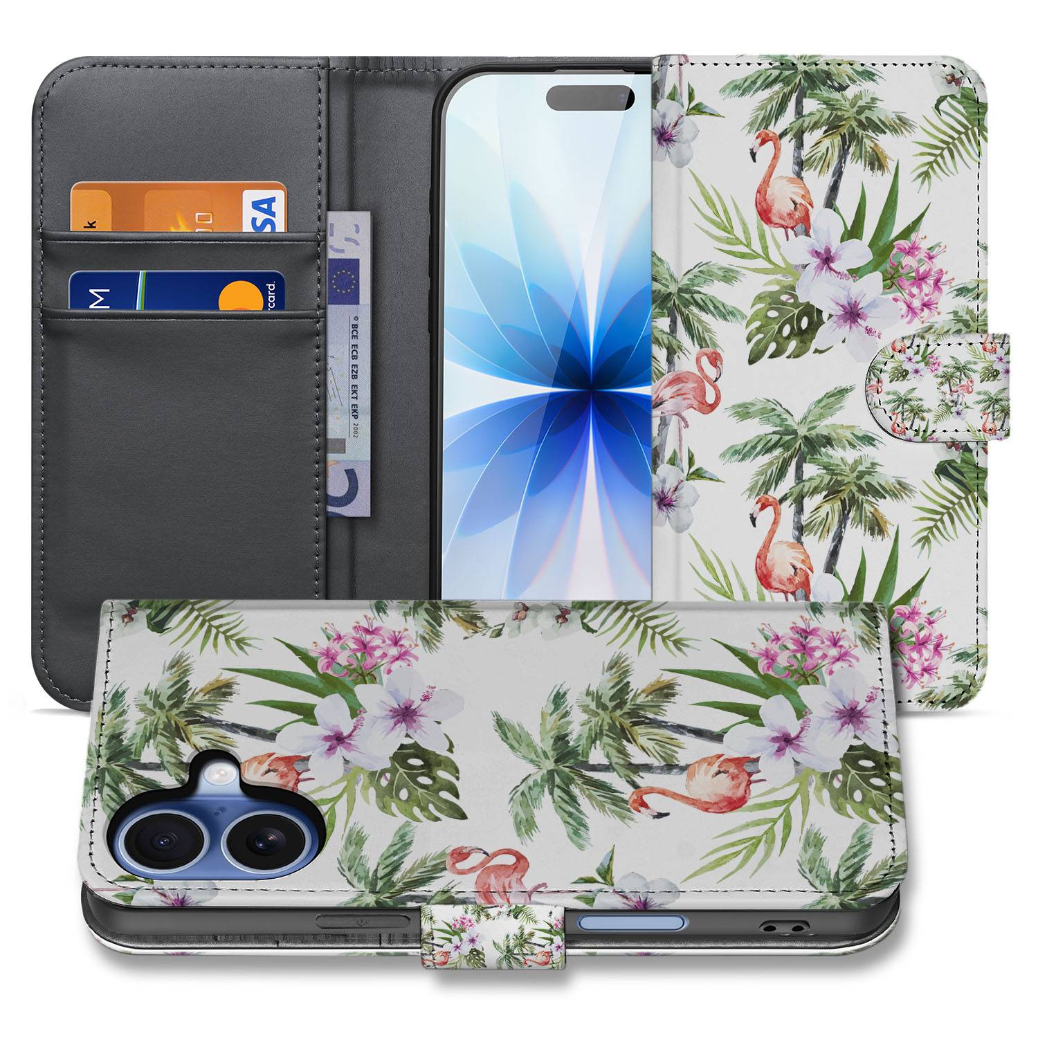iPhone 17 Book Case met Flamingo Palms Design front achterkant zij aanzicht
