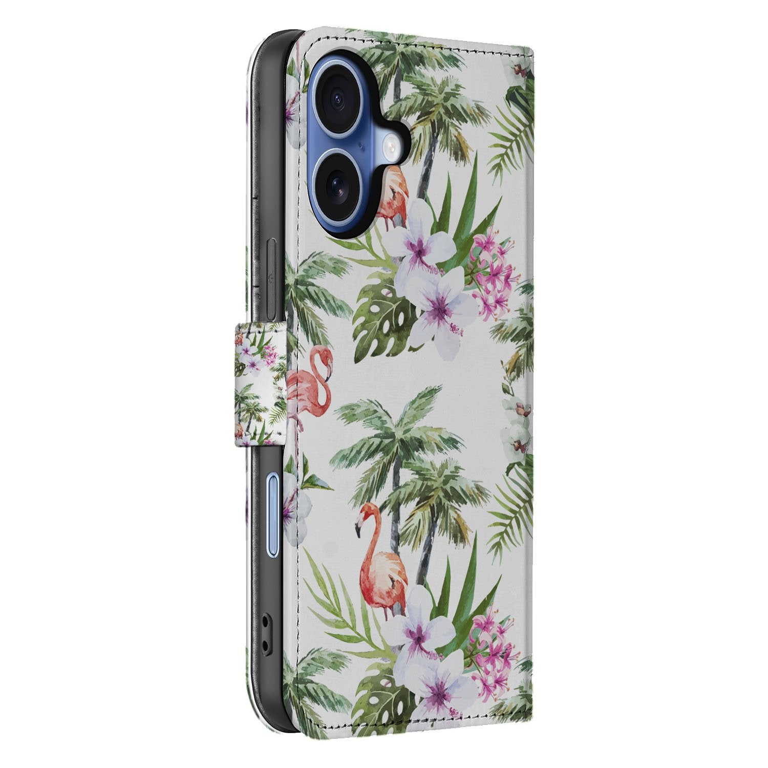 Apple iPhone 17 Book Case met Flamingo Palms Design zijkant