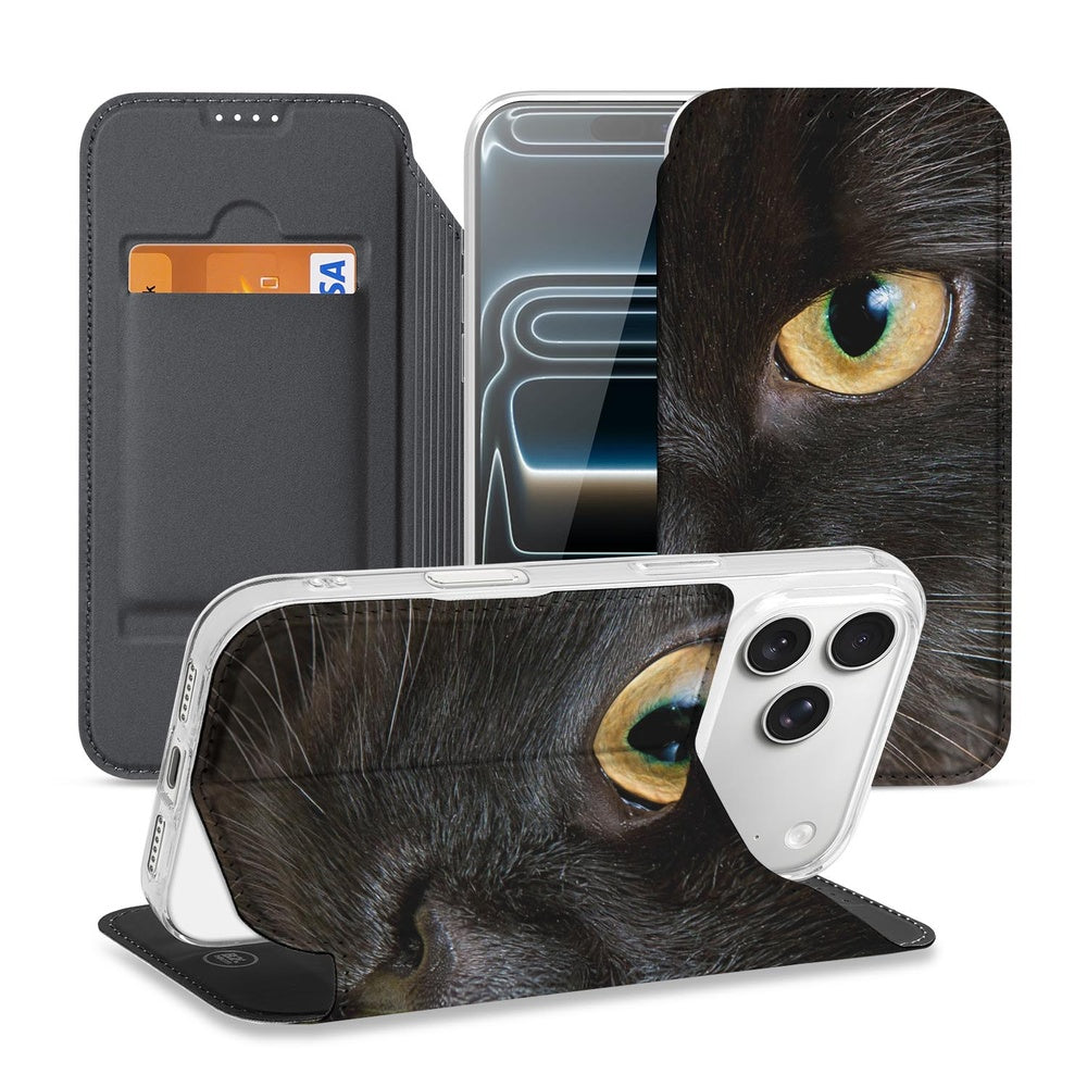 iPhone 17 Pro Book Case Zwarte Kat book case zwart kat design aanzicht